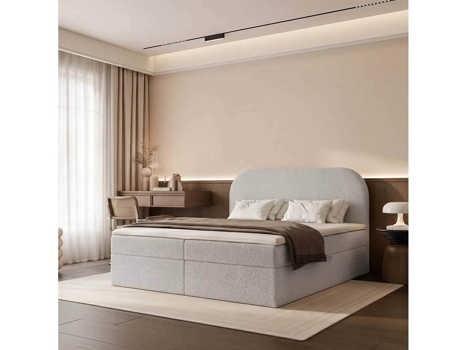 Lit Boxspring 2 places FUZZI 160x200 cm avec 2 Coffres, Matelas et Tête de Lit Moelleuse - Gris (Tissu Bouclé Now or Never)