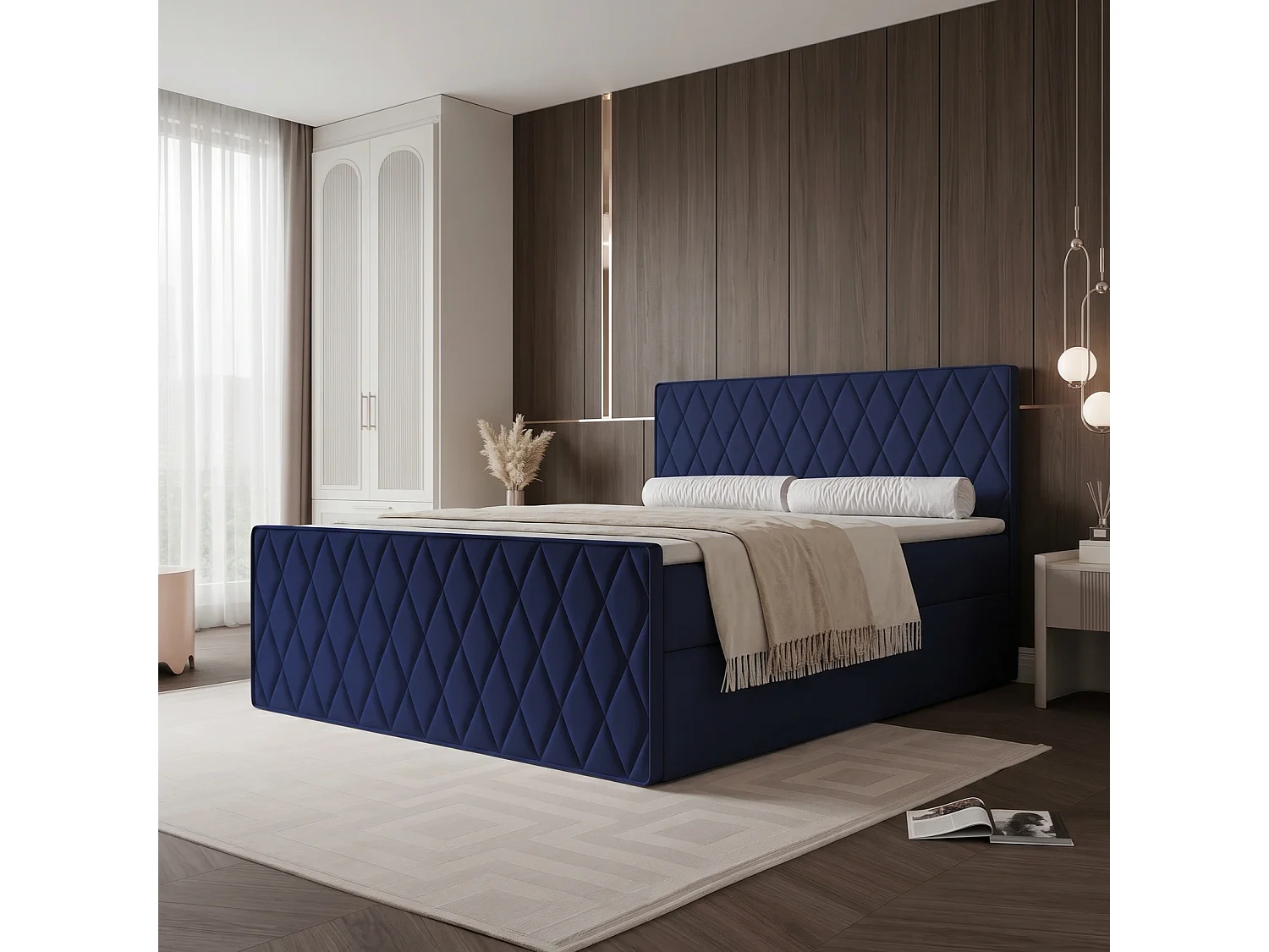 Lit Boxspring PONTI III 180x200 cm avec 2 Coffres, Matelas et Matelassage Losanges - Bleu Marine (Velours)