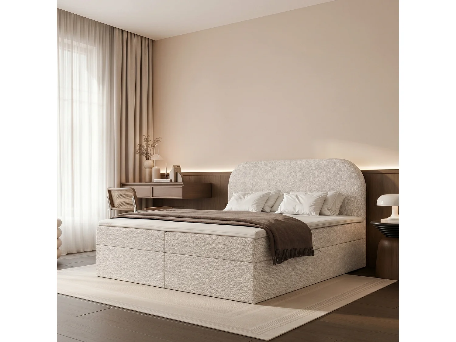 Lit Boxspring 2 places FUZZI 180x200 cm avec 2 Coffres, Matelas et Tête de Lit Moelleuse - Beige (Tissu Chenille Lumi)