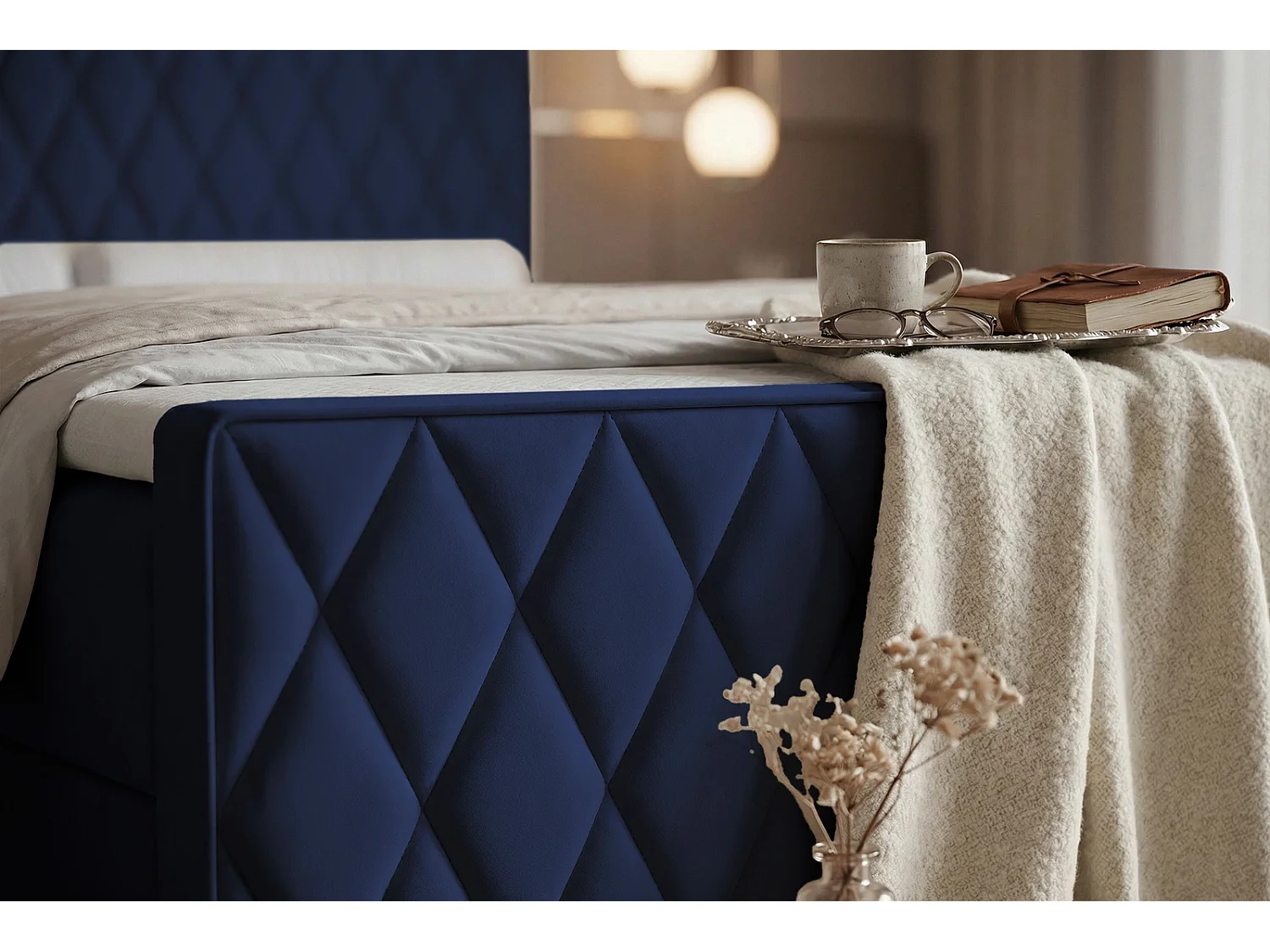 Lit Boxspring PONTI III 140x200 cm avec 2 Coffres, Matelas et Matelassage Losanges - Bleu Marine (Velours)