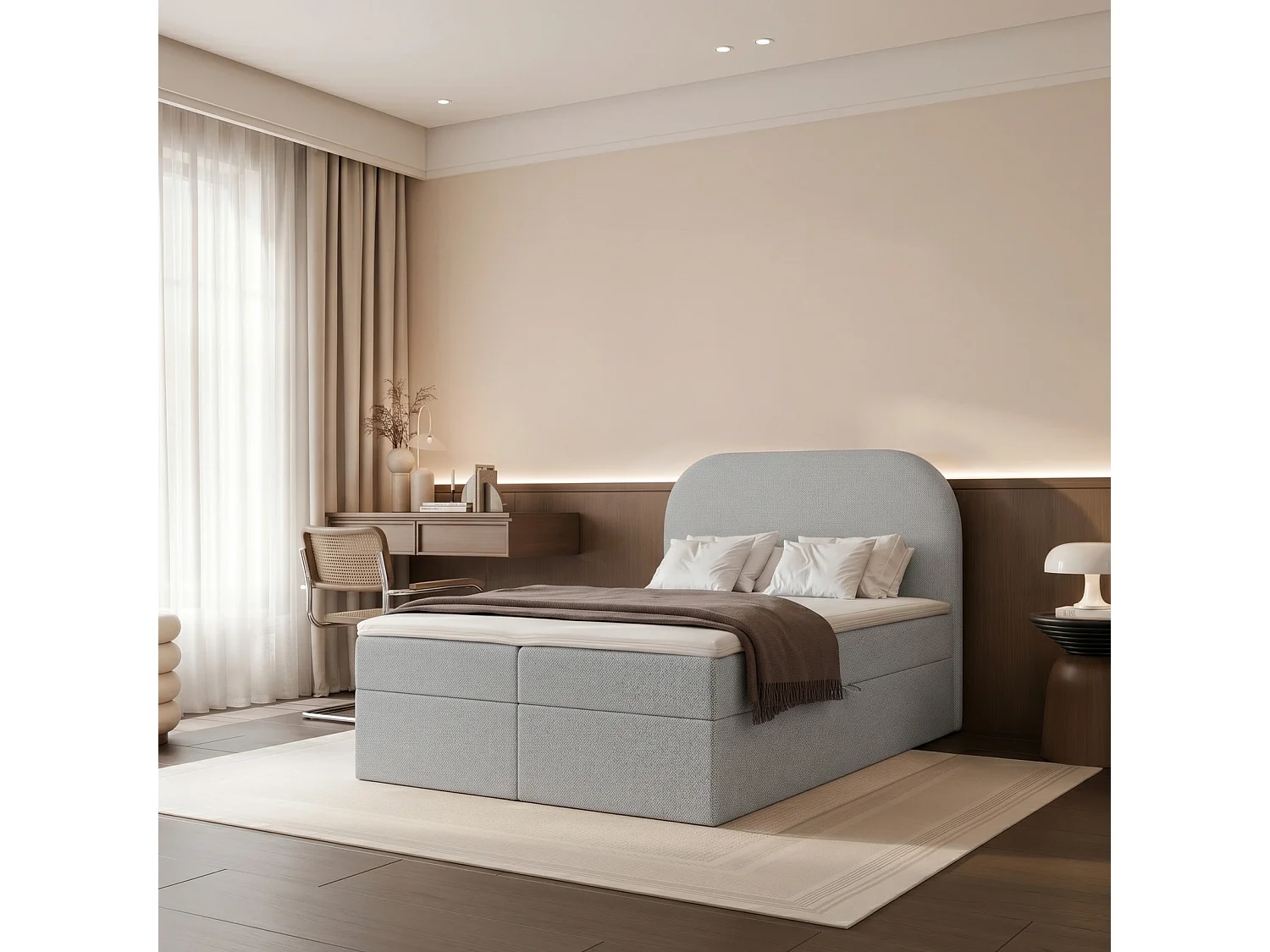 Lit Boxspring FUZZI 120x200 cm avec 2 Coffres, Matelas et Tête de Lit Moelleuse - Gris Bleu (Tissu Chenille Lumi)