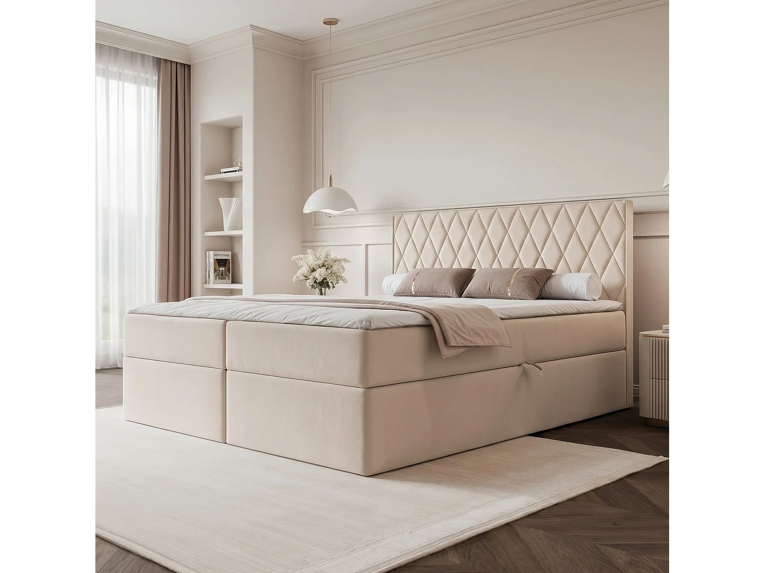 Lit Boxspring PONTI 180x200 cm avec 2 Coffres, Matelas et Matelassage Losanges Verticaux - Crème (Velours)
