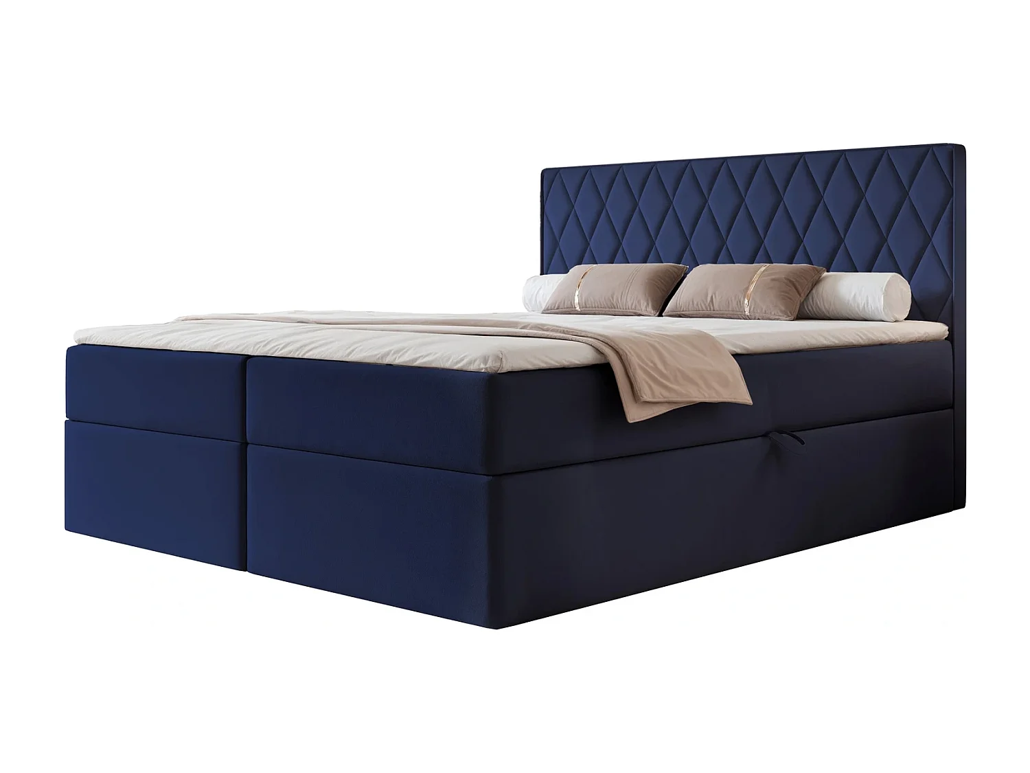 Lit Boxspring PONTI 180x200 cm avec 2 Coffres, Matelas et Matelassage Losanges Verticaux - Bleu Marine (Velours)