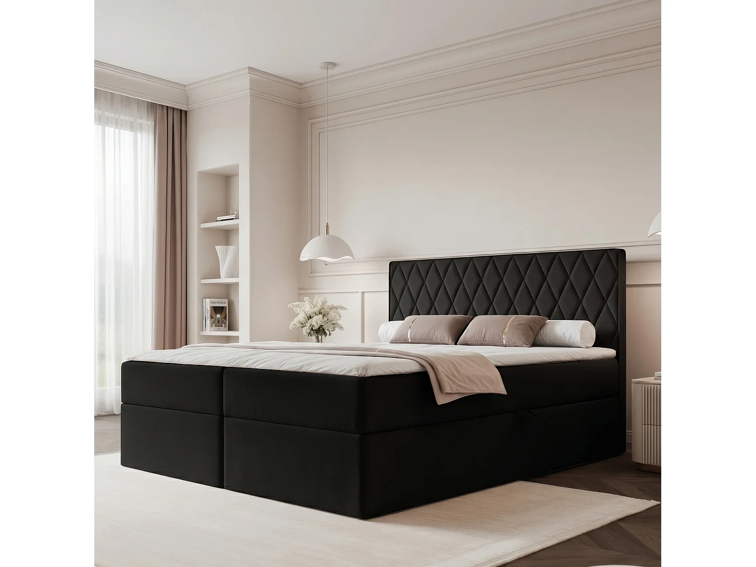 Lit Boxspring PONTI 160x200 cm avec 2 Coffres, Matelas et Matelassage Losanges Verticaux - Noir (Velours)