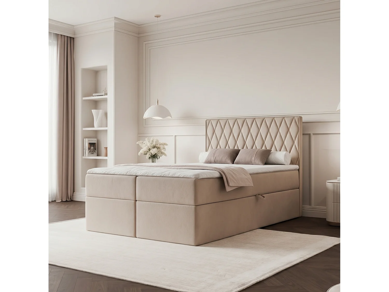 Lit Boxspring PONTI 120x200 cm avec 2 Coffres, Matelas et Matelassage Losanges Verticaux - Beige (Velours)