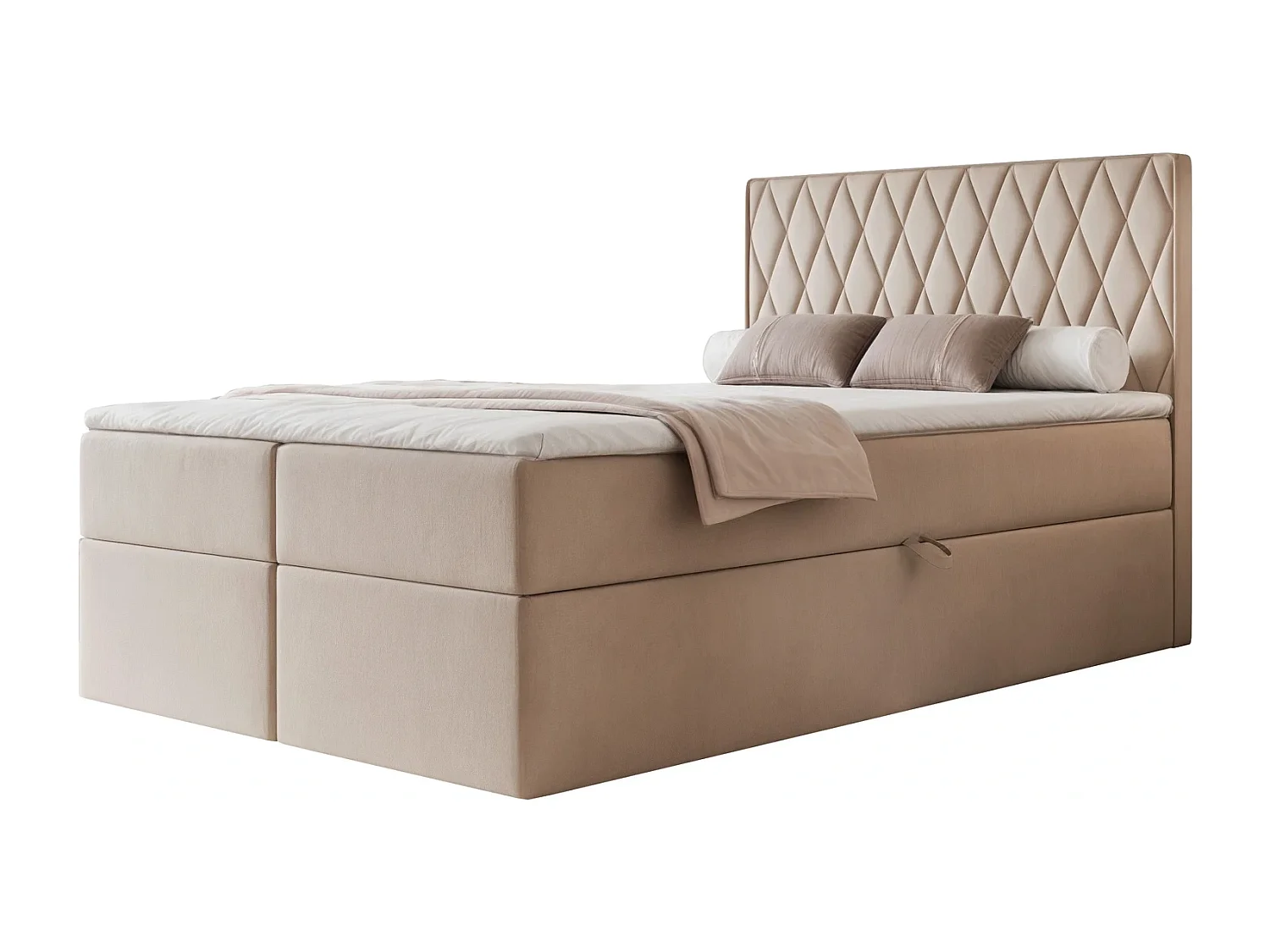 Lit Boxspring PONTI 120x200 cm avec 2 Coffres, Matelas et Matelassage Losanges Verticaux - Beige (Velours)