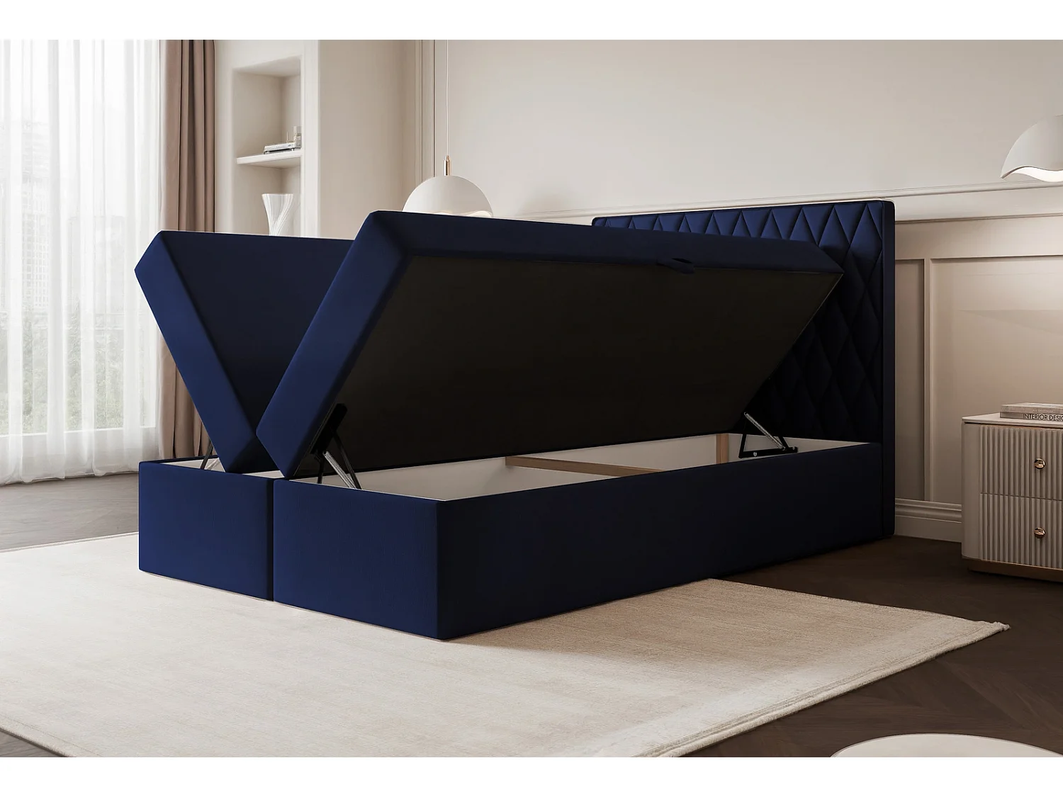 Lit Boxspring PONTI 120x200 cm avec 2 Coffres, Matelas et Matelassage Losanges Verticaux - Beige (Velours)