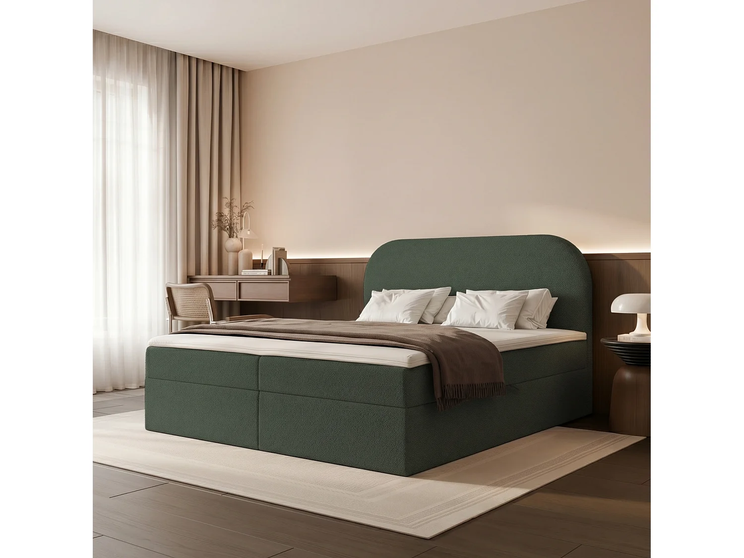 Lit Boxspring 2 places FUZZI 140x200 cm avec 2 Coffres, Matelas et Tête de Lit Moelleuse - Gris Vert (Tissu Bouclé Now or Never)