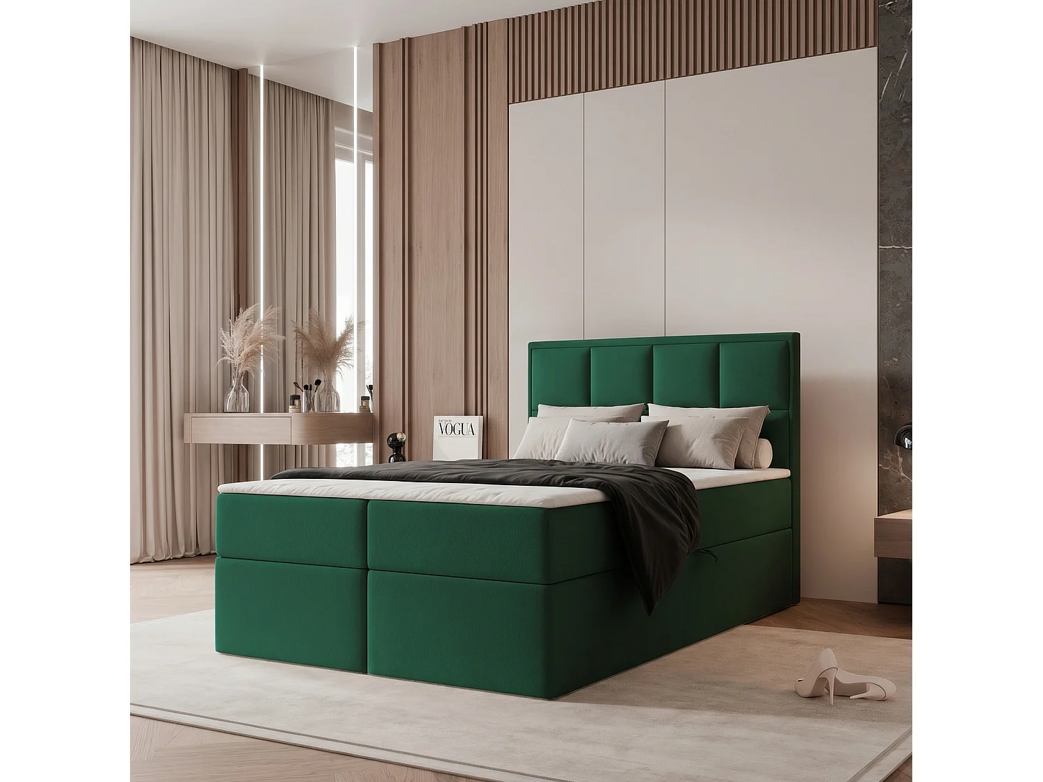 Lit Boxspring TIOLI 120x200 cm avec Coffre, Matelas et Tête de Lit à Panneaux Verticaux - Vert Bouteille (Magic Velvet)