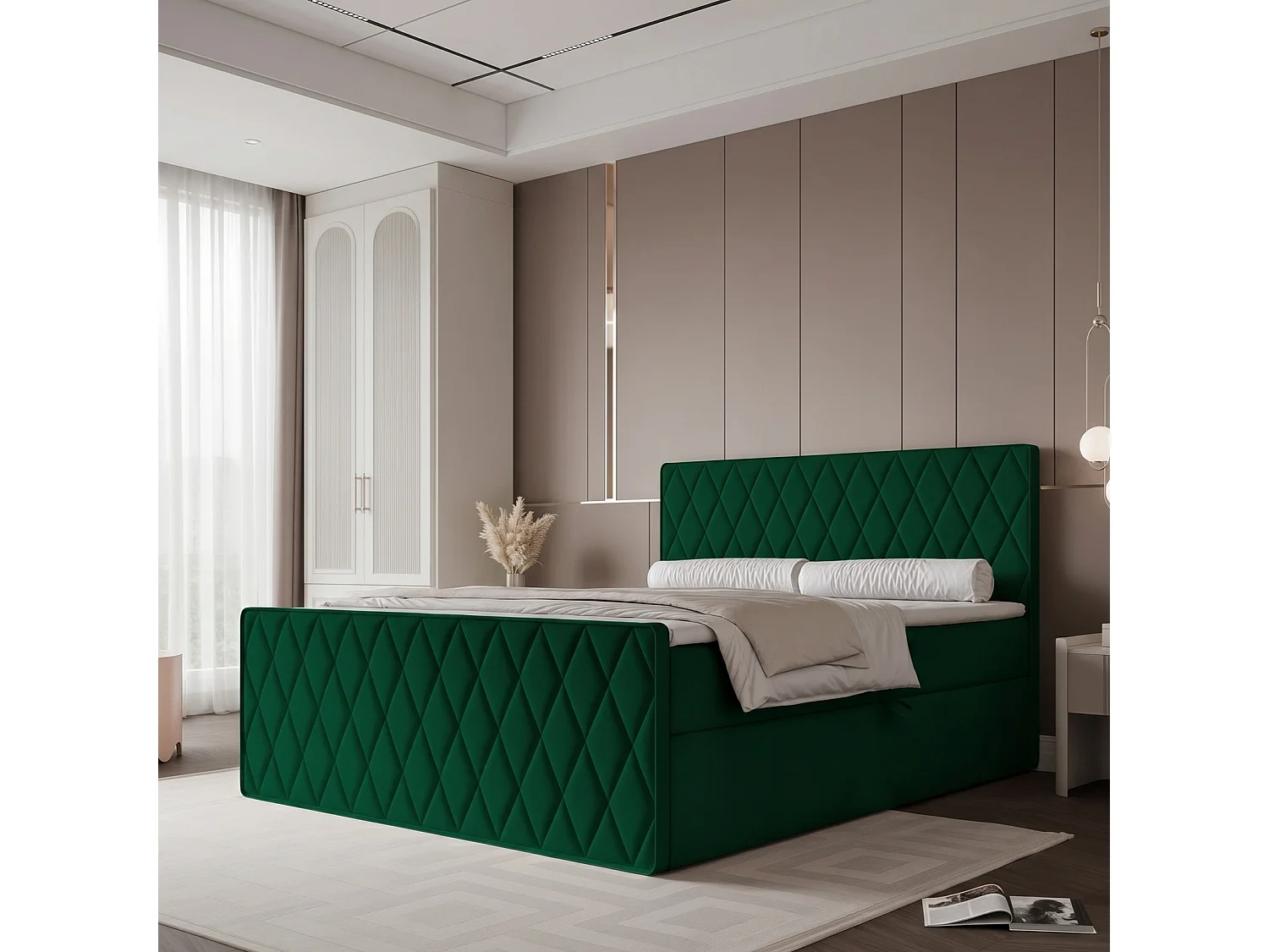 Lit Boxspring PONTI III 160x200 cm avec 2 Coffres, Matelas et Matelassage Losanges - Vert Bouteille (Velours)
