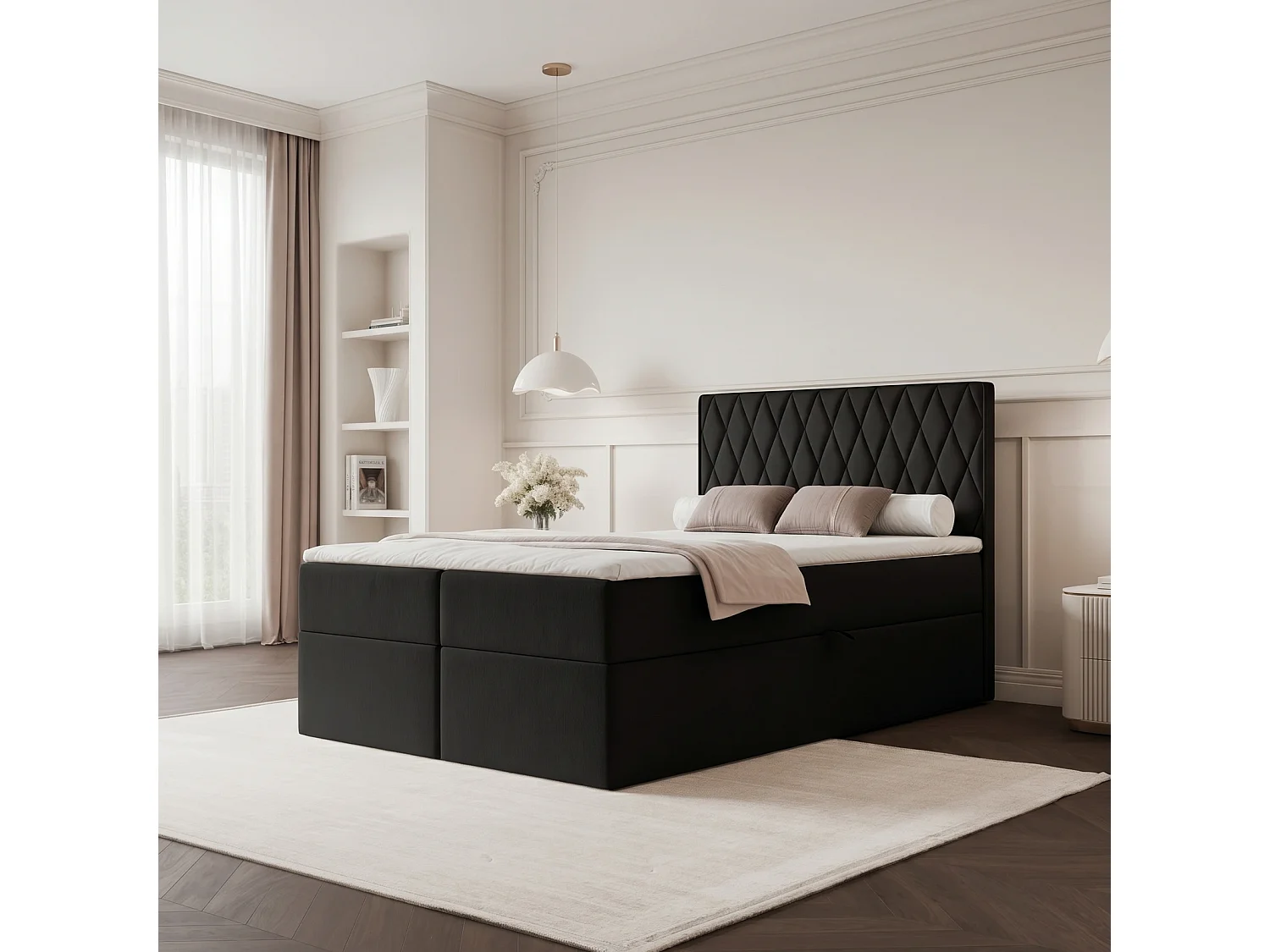 Lit Boxspring PONTI 120x200 cm avec 2 Coffres, Matelas et Matelassage Losanges Verticaux - Noir (Velours)