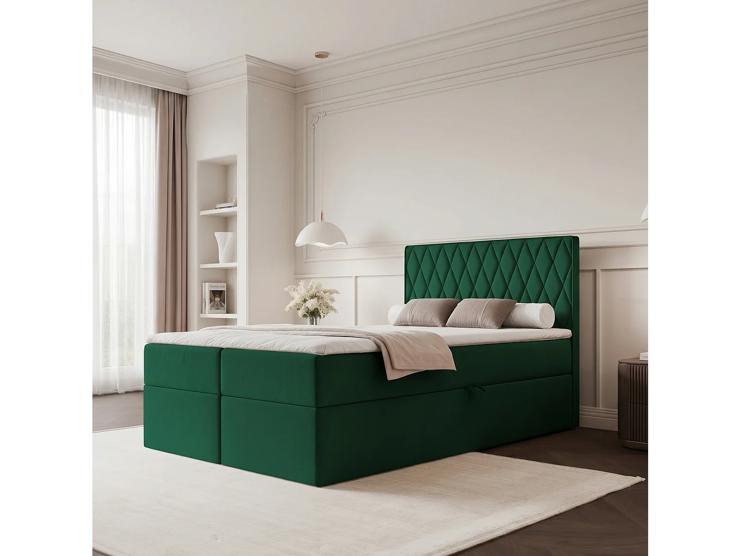 Lit Boxspring PONTI 120x200 cm avec 2 Coffres, Matelas et Matelassage Losanges Verticaux - Vert Bouteille (Velours)