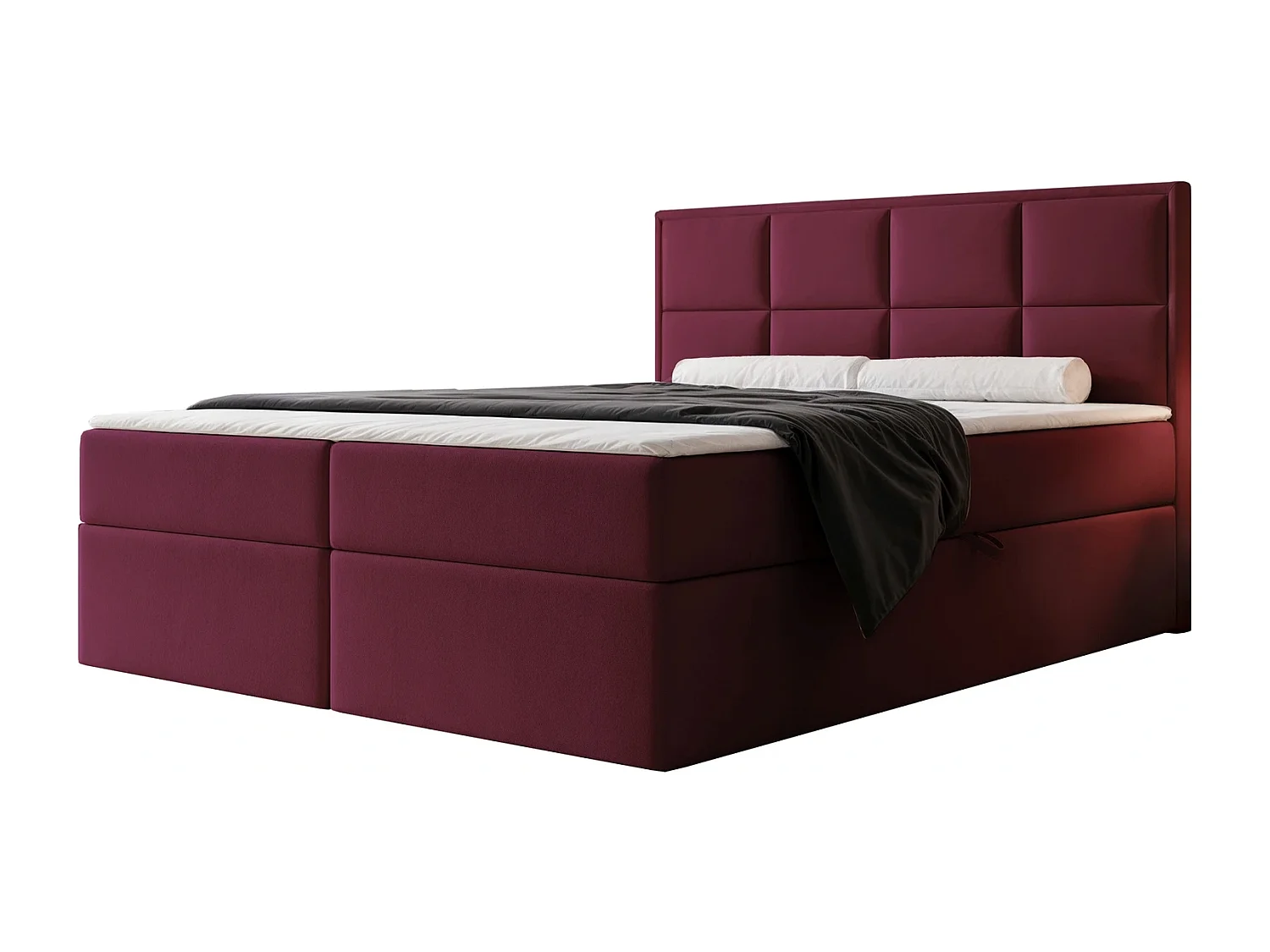 Lit Boxspring 2 places TIOLI 140x200 cm avec Coffre, Matelas et Tête de Lit à Panneaux Verticaux - Bordeaux (Magic Velvet)