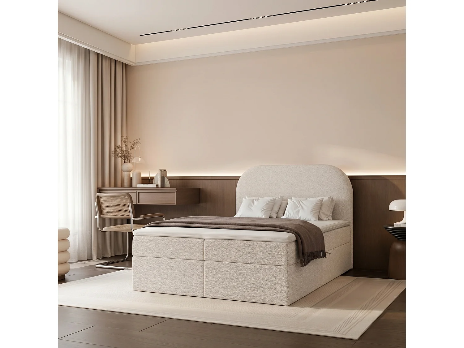 Lit Boxspring FUZZI 120x200 cm avec 2 Coffres, Matelas et Tête de Lit Moelleuse - Beige (Tissu Chenille Lumi)