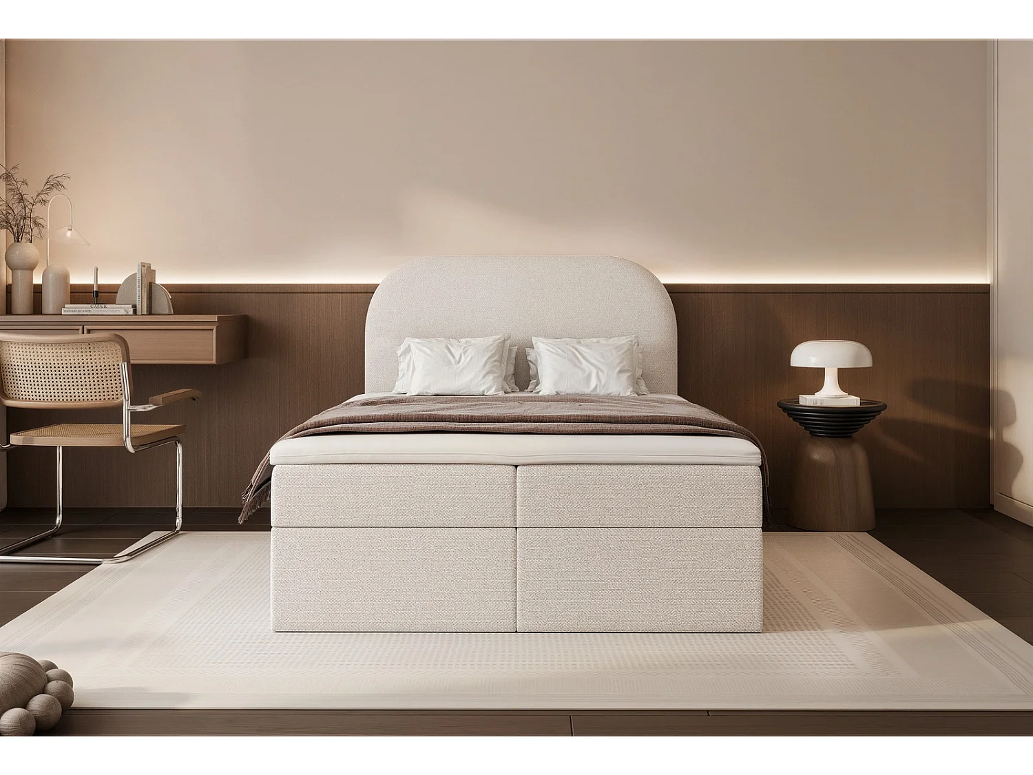 Lit Boxspring FUZZI 120x200 cm avec 2 Coffres, Matelas et Tête de Lit Moelleuse - Beige (Tissu Chenille Lumi)