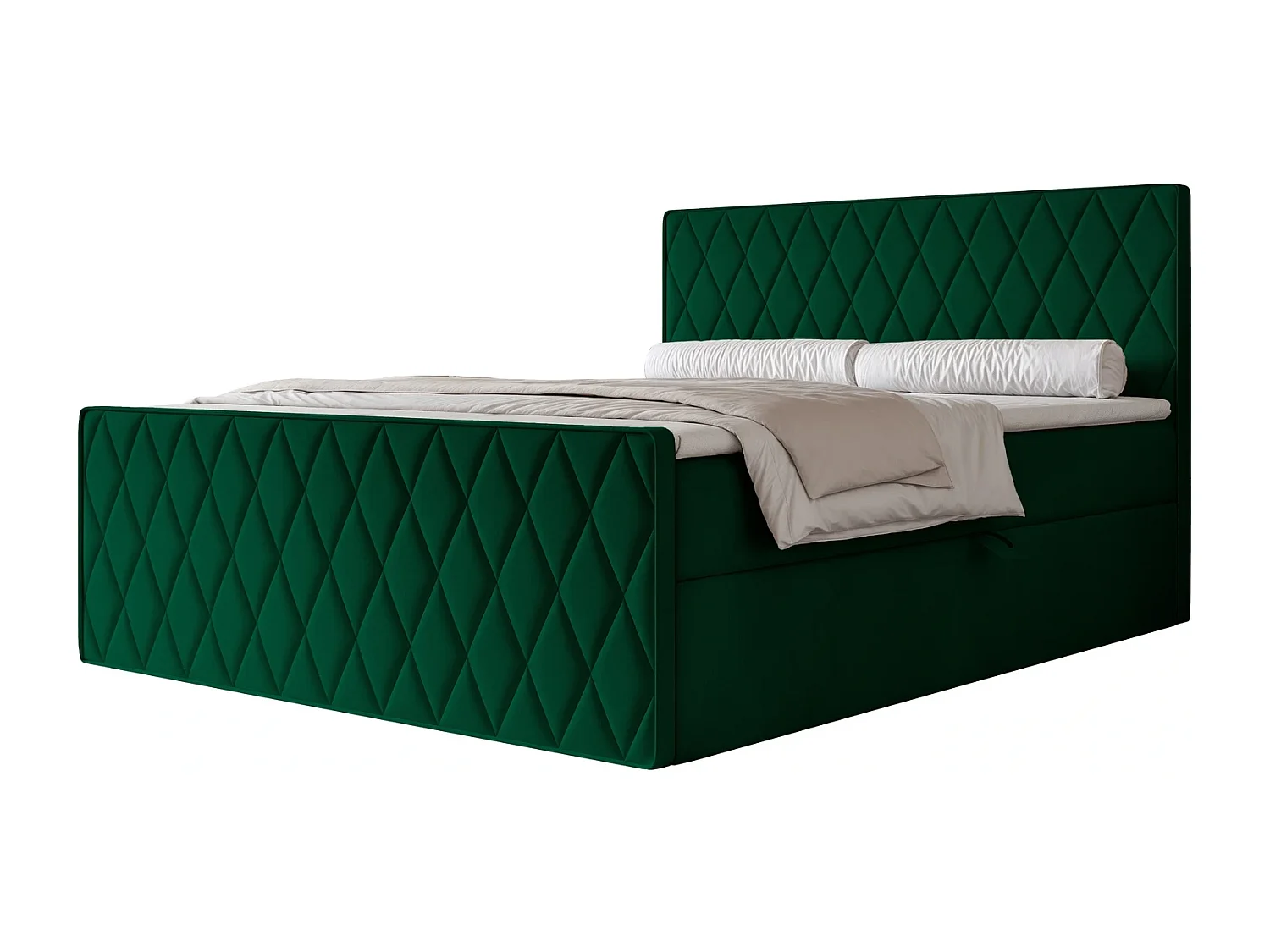 Lit Boxspring PONTI III 200x200 cm avec 2 Coffres, Matelas et Matelassage Losanges - Vert Bouteille (Velours)