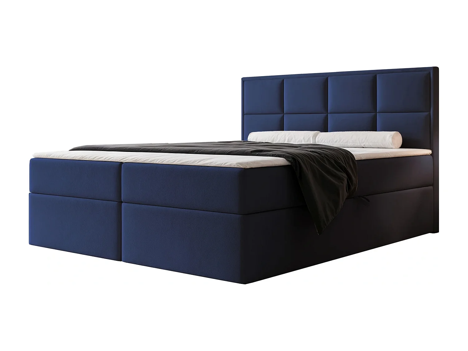 Lit Boxspring 2 places TIOLI 160x200 cm avec Coffre, Matelas et Tête de Lit à Panneaux Verticaux - Bleu Marine (Magic Velvet)
