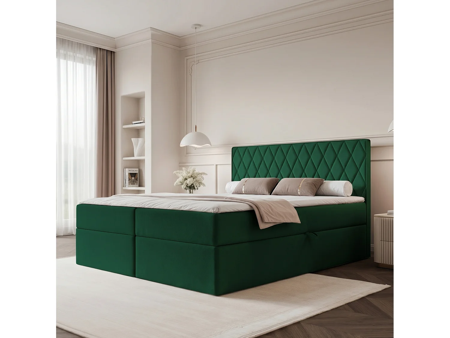 Lit Boxspring PONTI 200x200 cm avec 2 Coffres, Matelas et Matelassage Losanges Verticaux - Vert Bouteille (Velours)
