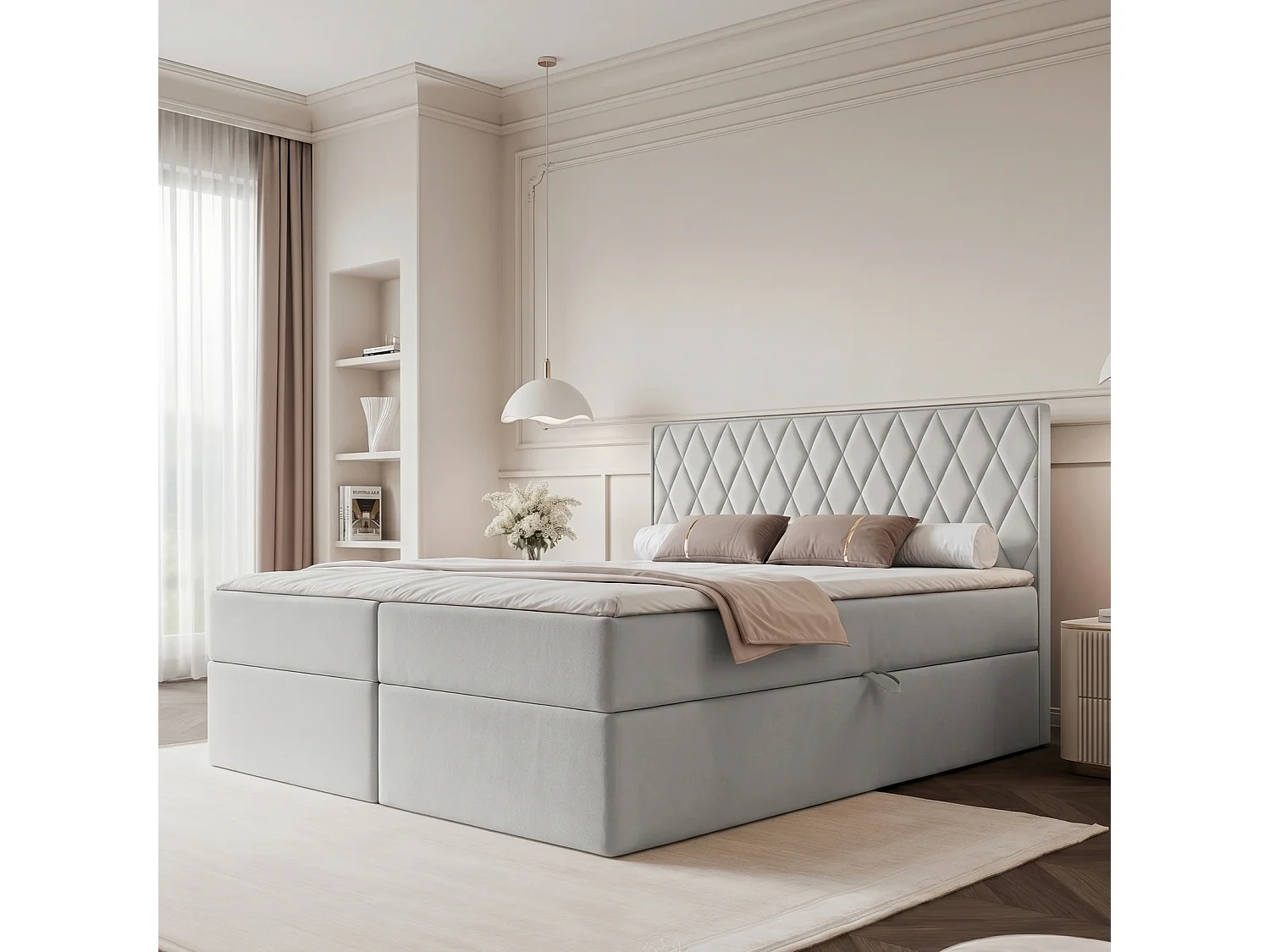 Lit Boxspring PONTI 140x200 cm avec 2 Coffres, Matelas et Matelassage Losanges Verticaux - Gris Pigeon (Velours)