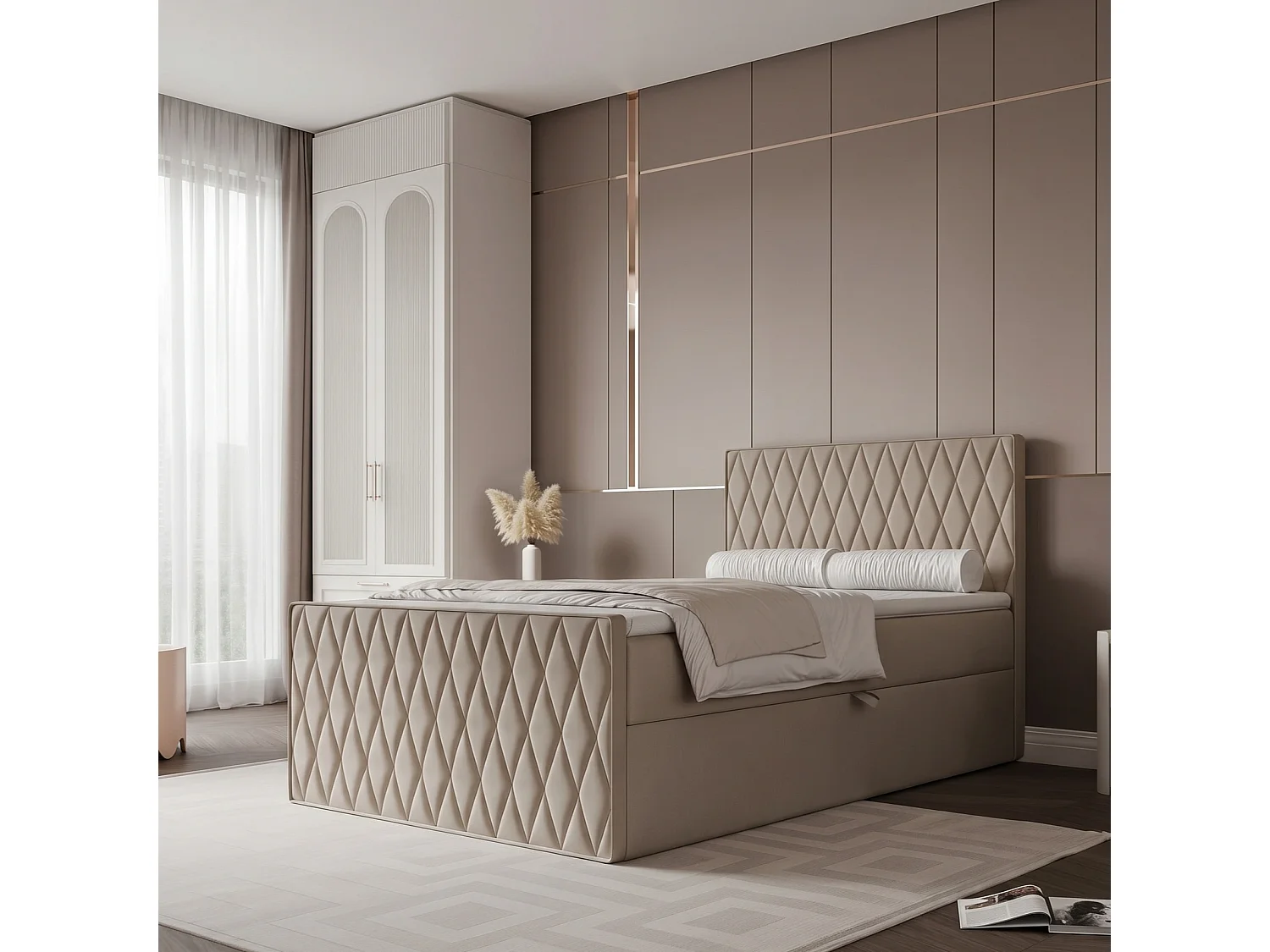Lit Boxspring PONTI III 120x200 cm avec Coffre, Matelas et Matelassage Losanges - Beige Chaud (Velours)