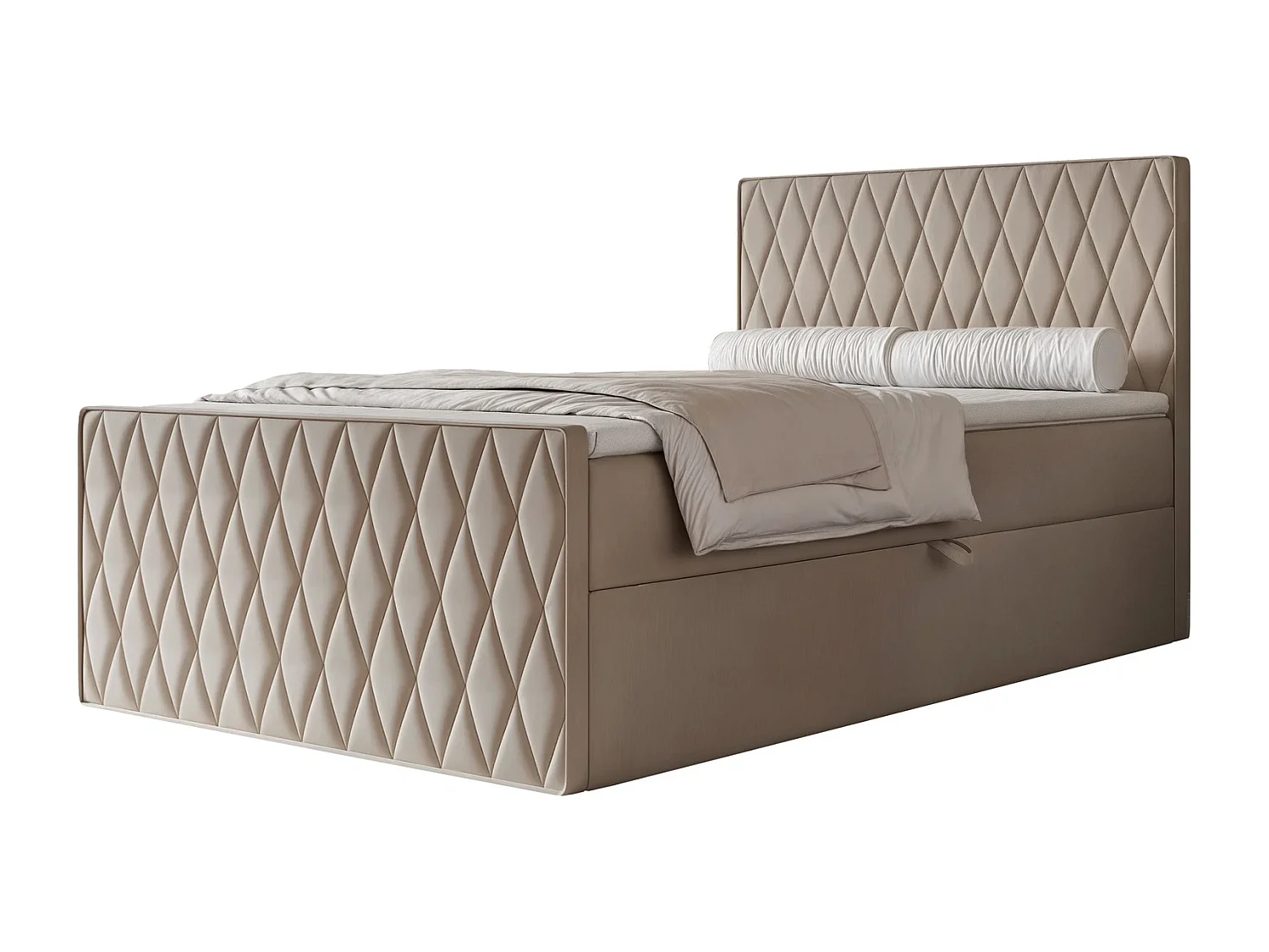 Lit Boxspring PONTI III 120x200 cm avec Coffre, Matelas et Matelassage Losanges - Beige Chaud (Velours)