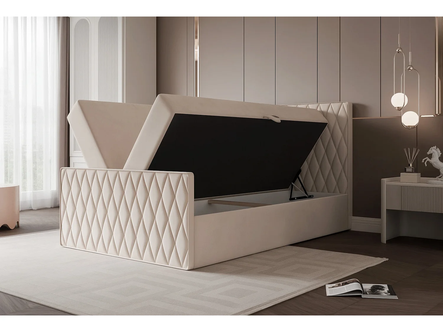 Lit Boxspring PONTI III 120x200 cm avec Coffre, Matelas et Matelassage Losanges - Beige Chaud (Velours)