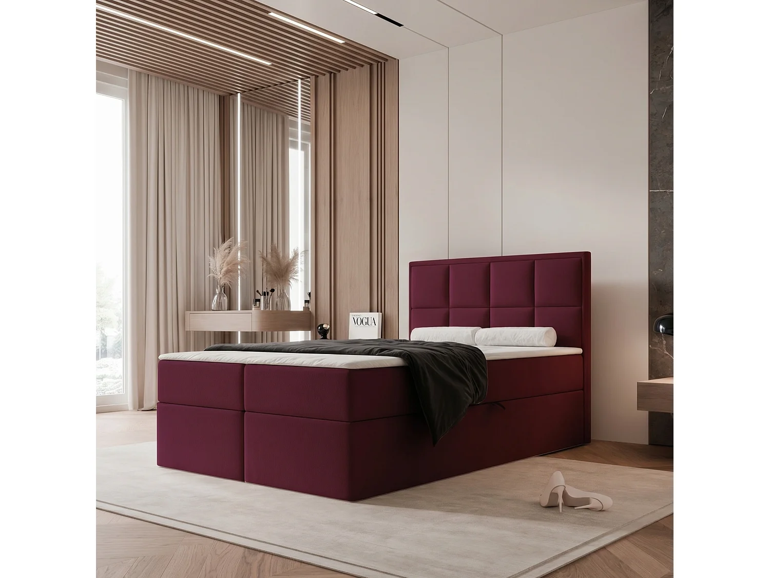 Lit Boxspring TIOLI 120x200 cm avec Coffre, Matelas et Tête de Lit à Panneaux Verticaux - Bordeaux (Magic Velvet)