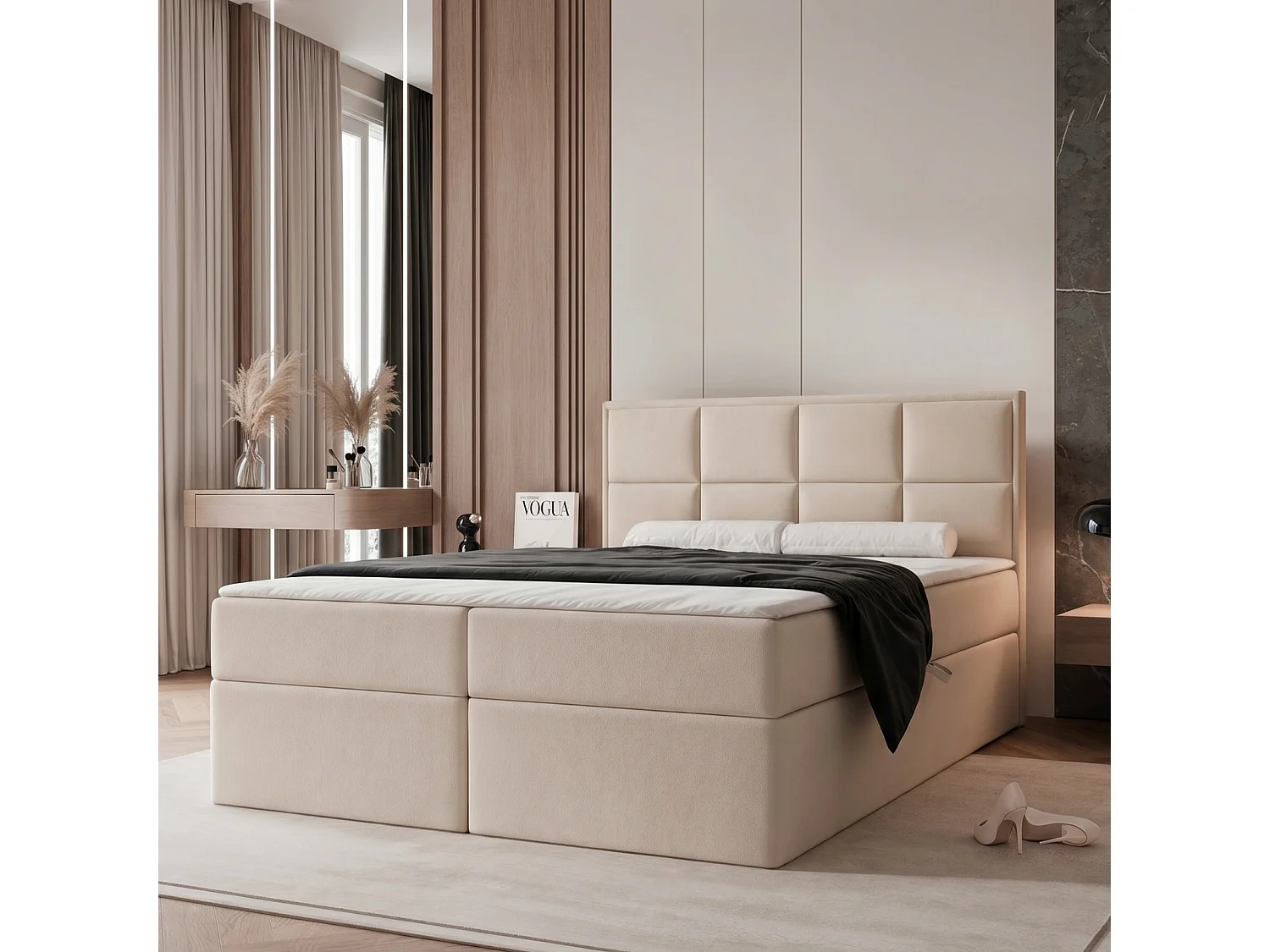 Lit Boxspring King Size XL TIOLI 200x200 cm avec Coffre, Matelas et Tête de Lit à Panneaux Verticaux - Crème (Magic Velvet)