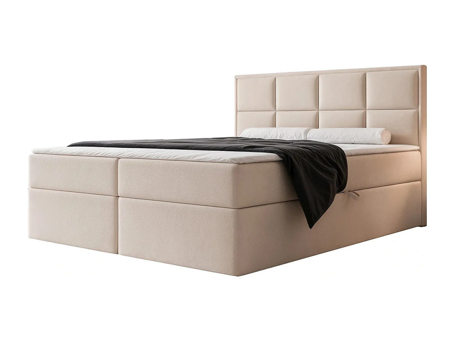 Lit Boxspring King Size XL TIOLI 200x200 cm avec Coffre, Matelas et Tête de Lit à Panneaux Verticaux - Crème (Magic Velvet)