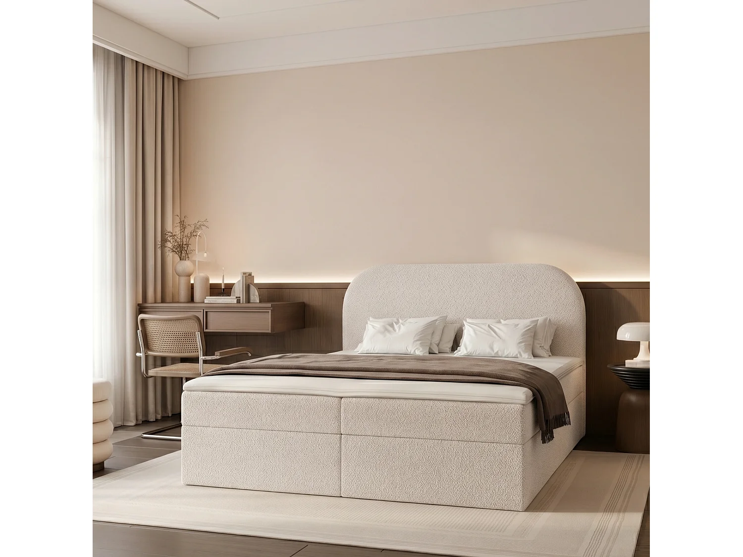 Lit Boxspring 2 places FUZZI 180x200 cm avec 2 Coffres, Matelas et Tête de Lit Moelleuse - Beige (Tissu Bouclé Now or Never)