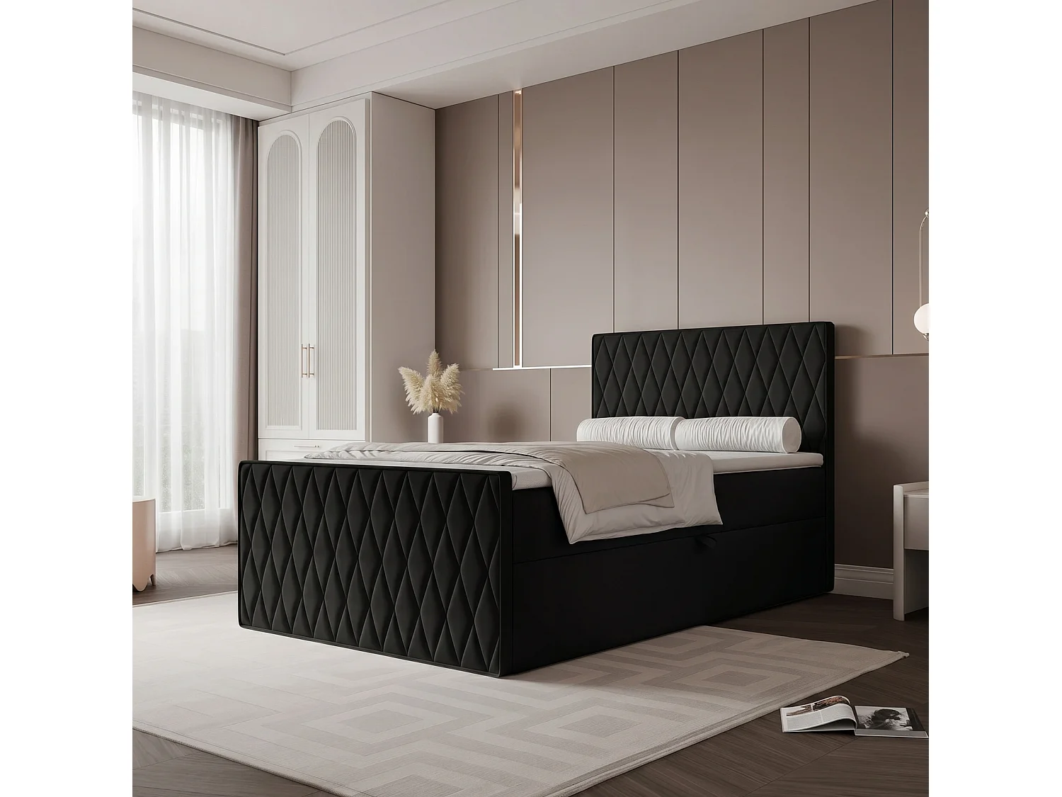 Lit Boxspring PONTI III 120x200 cm avec 2 Coffres, Matelas et Matelassage Losanges - Noir (Velours)