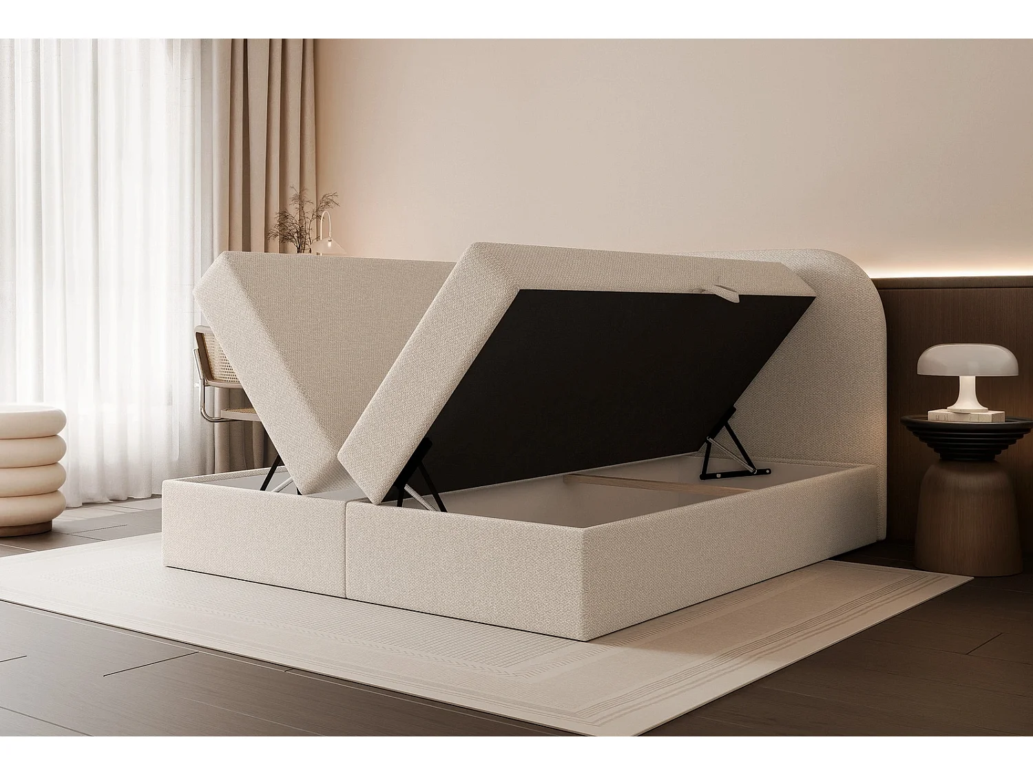 Boxspring King Size XL FUZZI 200x200 cm met 2 Opbergruimtes, Matras en Zacht Hoofdbord - Bordeaux (Monte Stof)
