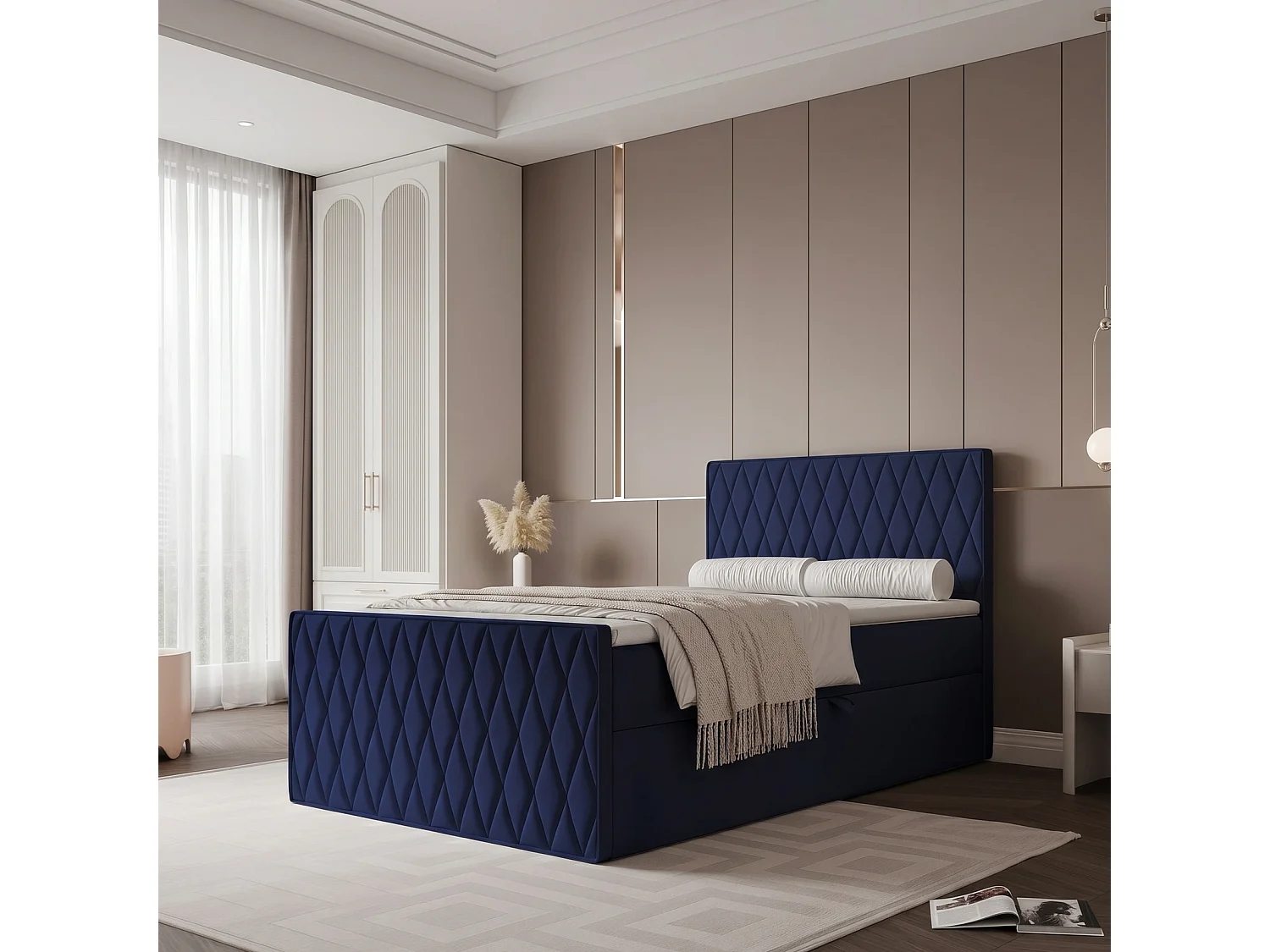 Lit Boxspring PONTI III 120x200 cm avec Coffre, Matelas et Matelassage Losanges - Bleu Marine (Velours)