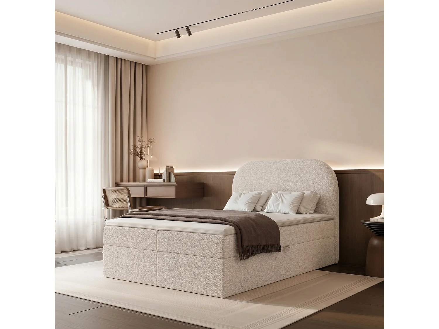 Lit Boxspring FUZZI 120x200 cm avec 2 Coffres, Matelas et Tête de Lit Moelleuse - Beige (Tissu Bouclé Now or Never)