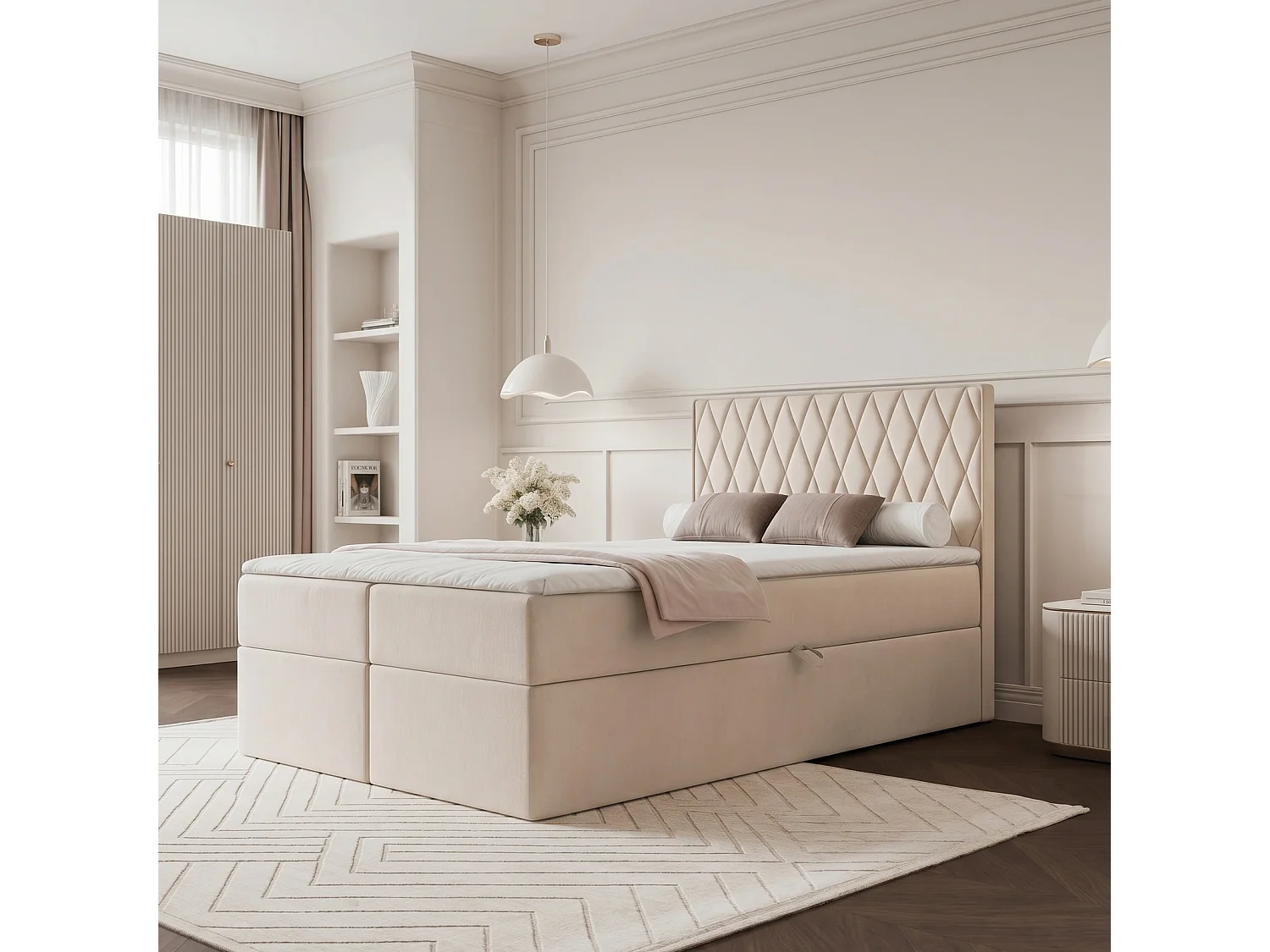 Lit Boxspring PONTI 120x200 cm avec 2 Coffres, Matelas et Matelassage Losanges Verticaux - Crème (Velours)