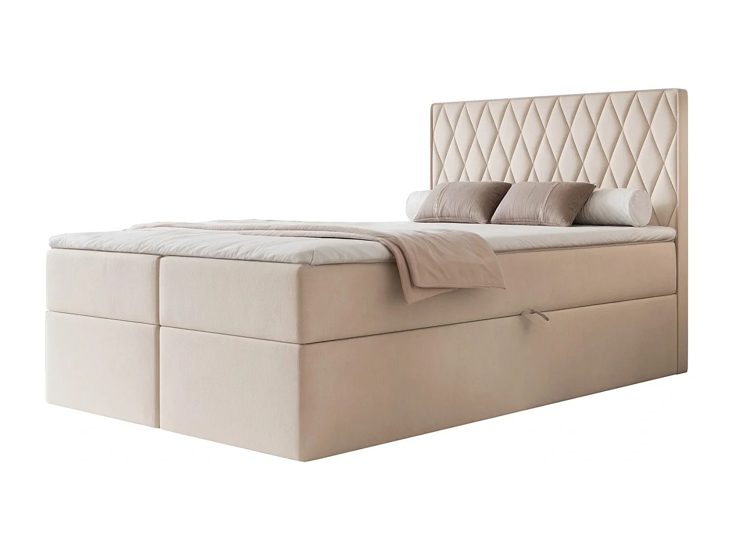Lit Boxspring PONTI 120x200 cm avec 2 Coffres, Matelas et Matelassage Losanges Verticaux - Crème (Velours)