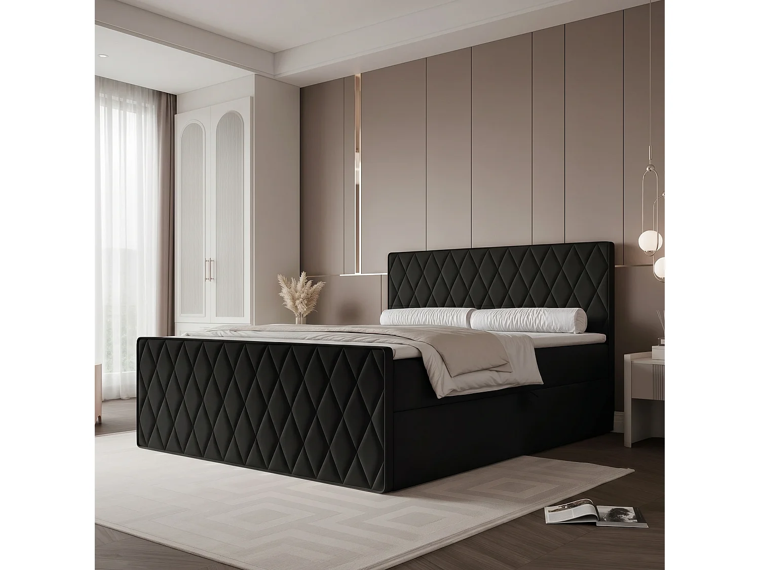 Lit Boxspring PONTI III 160x200 cm avec 2 Coffres, Matelas et Matelassage Losanges - Noir (Velours)