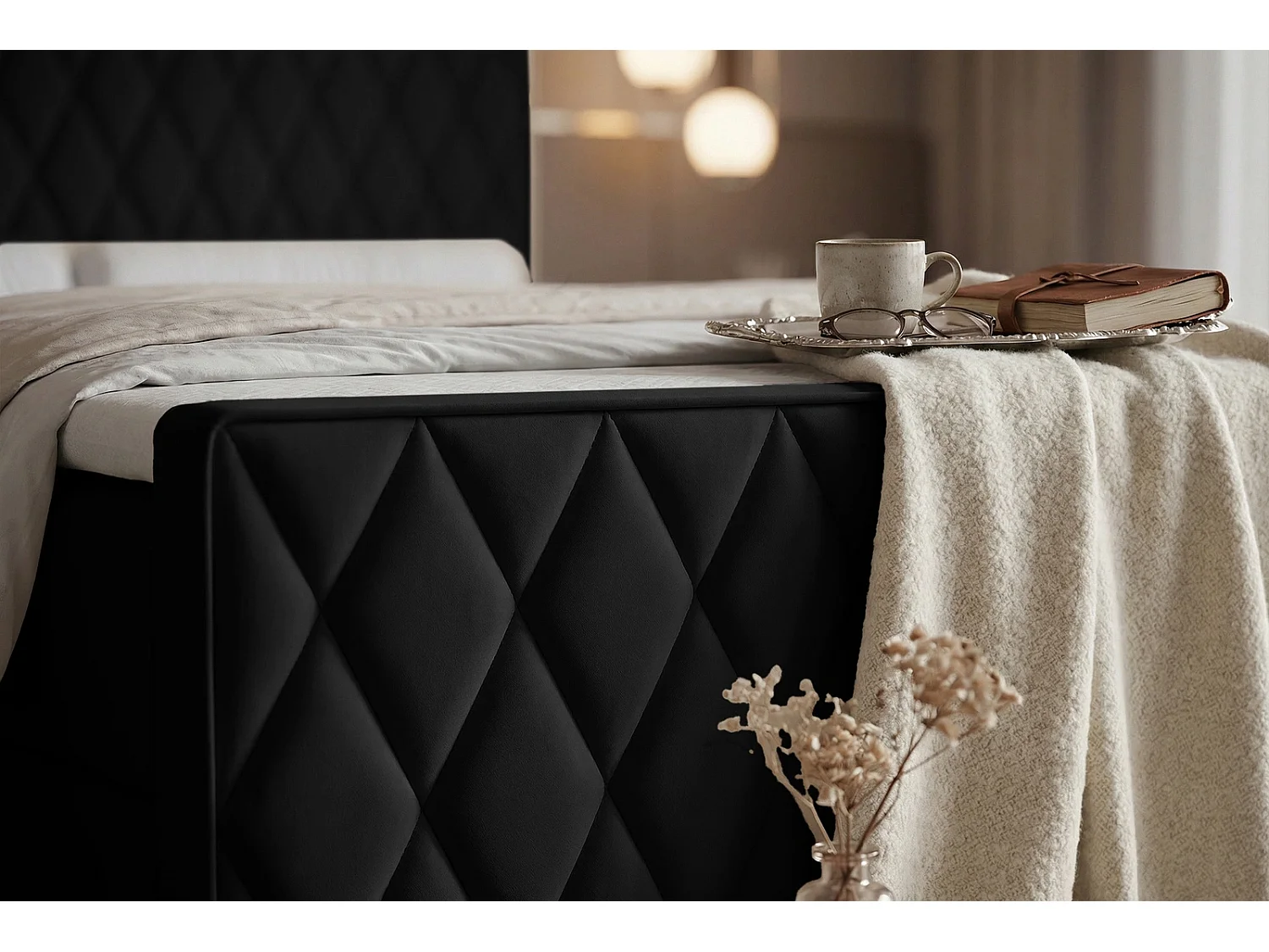 Lit Boxspring PONTI III 160x200 cm avec 2 Coffres, Matelas et Matelassage Losanges - Noir (Velours)