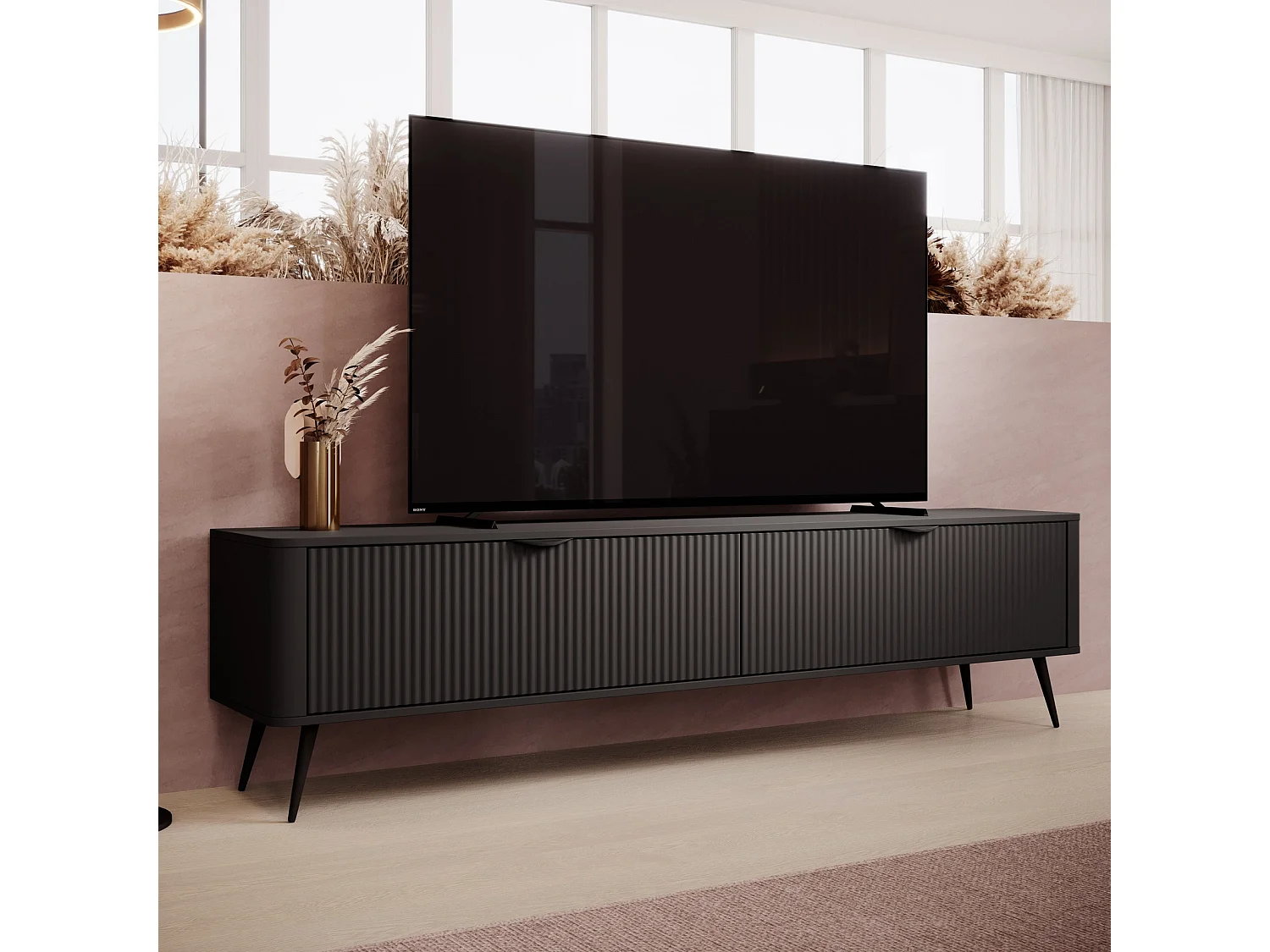 TV-meubel 200 cm met Geroffelde Fronten en Metalen Poten - Zwart