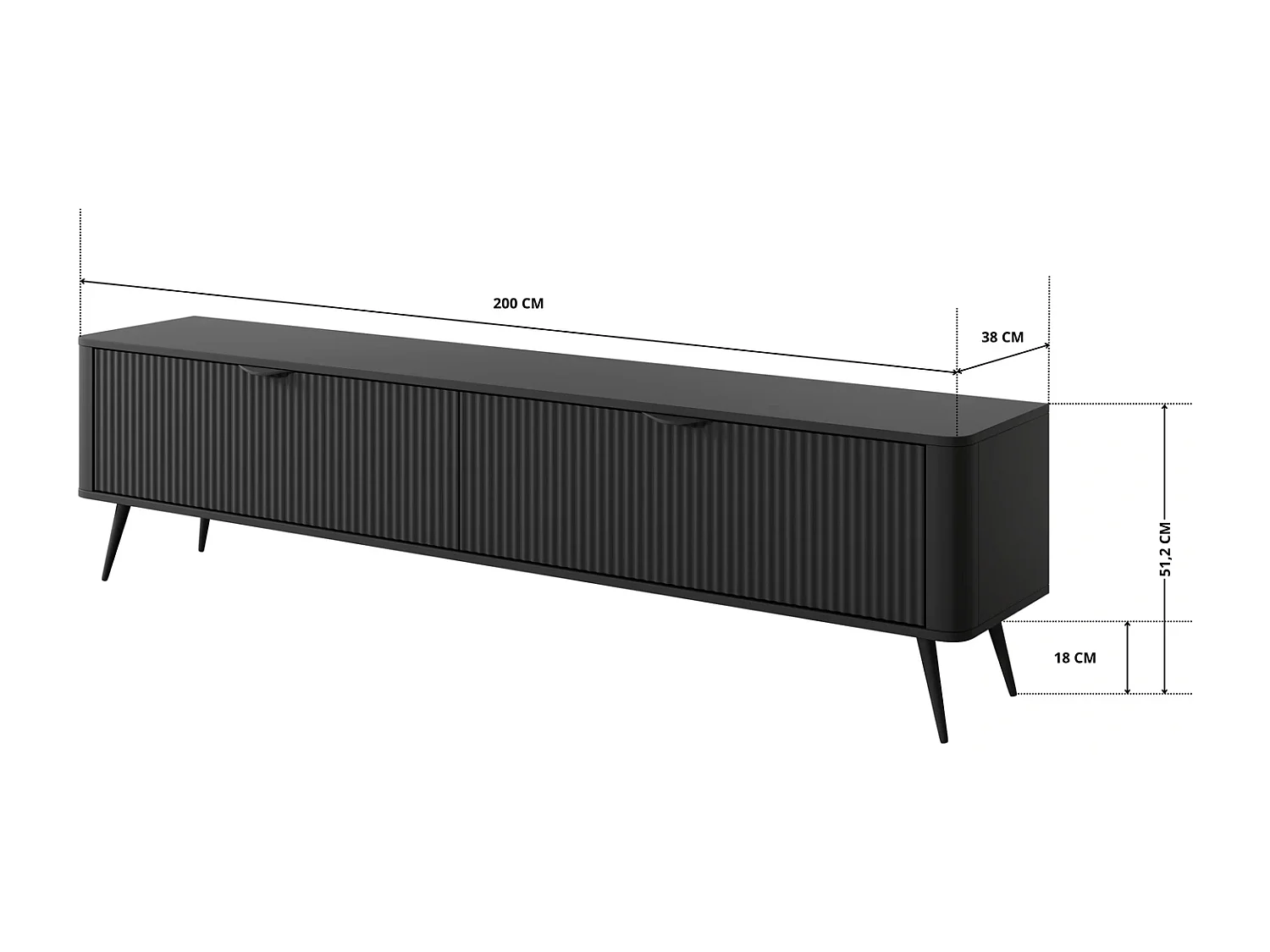 TV-meubel 200 cm met Geroffelde Fronten en Metalen Poten - Zwart