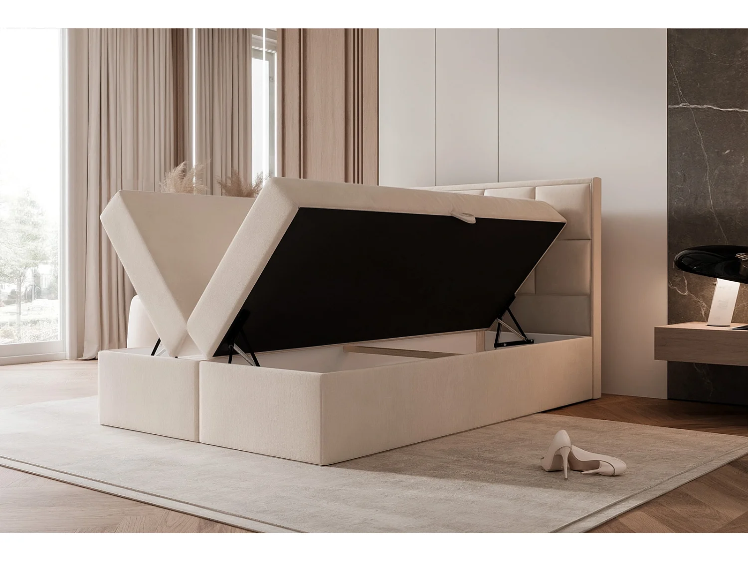 Lit Boxspring 2 places TIOLI 140x200 cm avec Coffre, Matelas et Tête de Lit à Panneaux Verticaux - Crème (Magic Velvet)