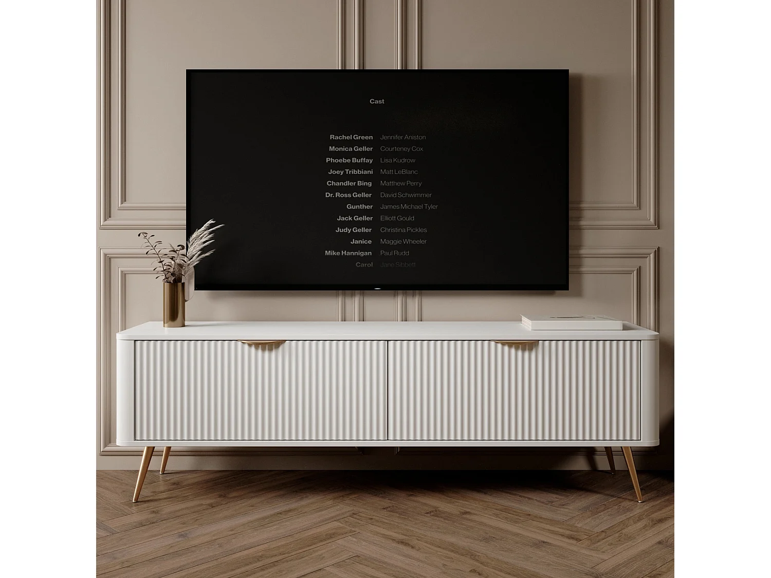 TV-meubel Flore met Geroffelde Fronten en Gouden Poten - Wit en Goud - 163 cm