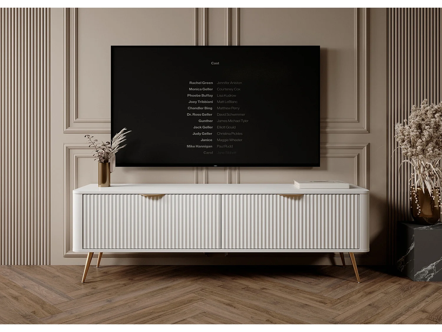 TV-meubel Flore met Geroffelde Fronten en Gouden Poten - Wit en Goud - 163 cm