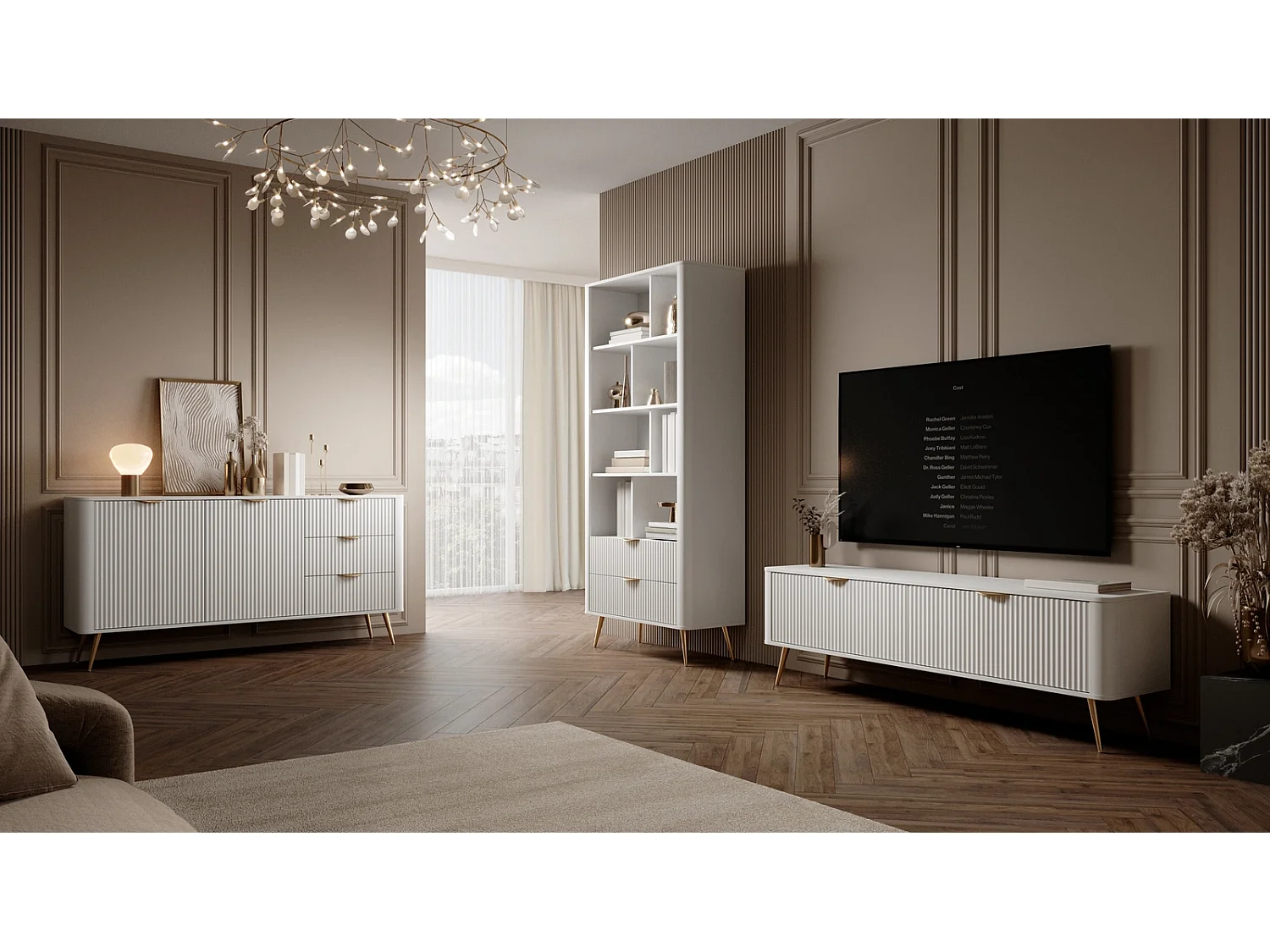 TV-meubel Flore met Geroffelde Fronten en Gouden Poten - Wit en Goud - 163 cm