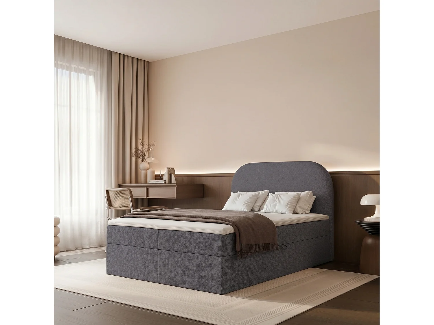 Lit Boxspring FUZZI 120x200 cm avec 2 Coffres, Matelas et Tête de Lit Moelleuse - Bleu Gris Foncé (Tissu Chenille Lumi)
