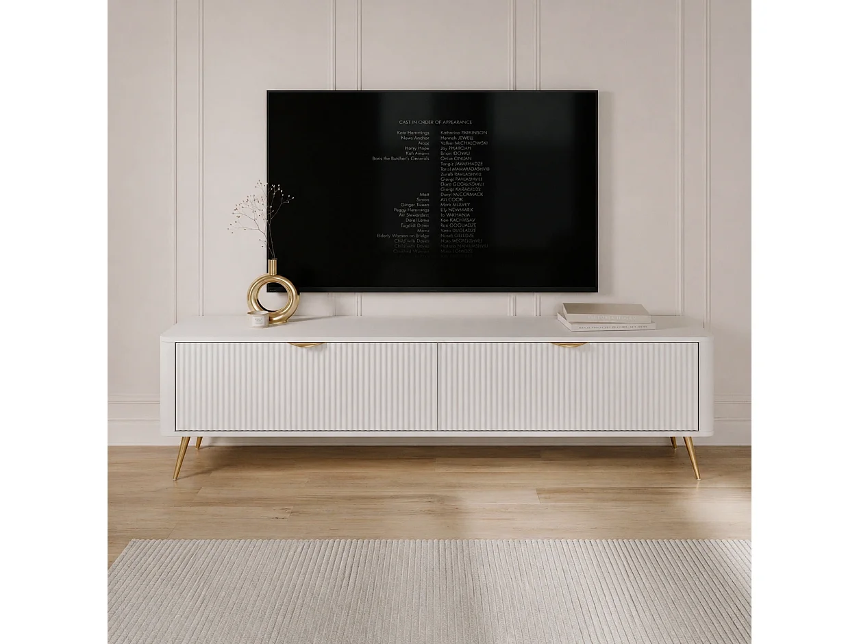 TV-meubel 200 cm met Geroffelde Fronten en Gouden Poten - Wit en Goud