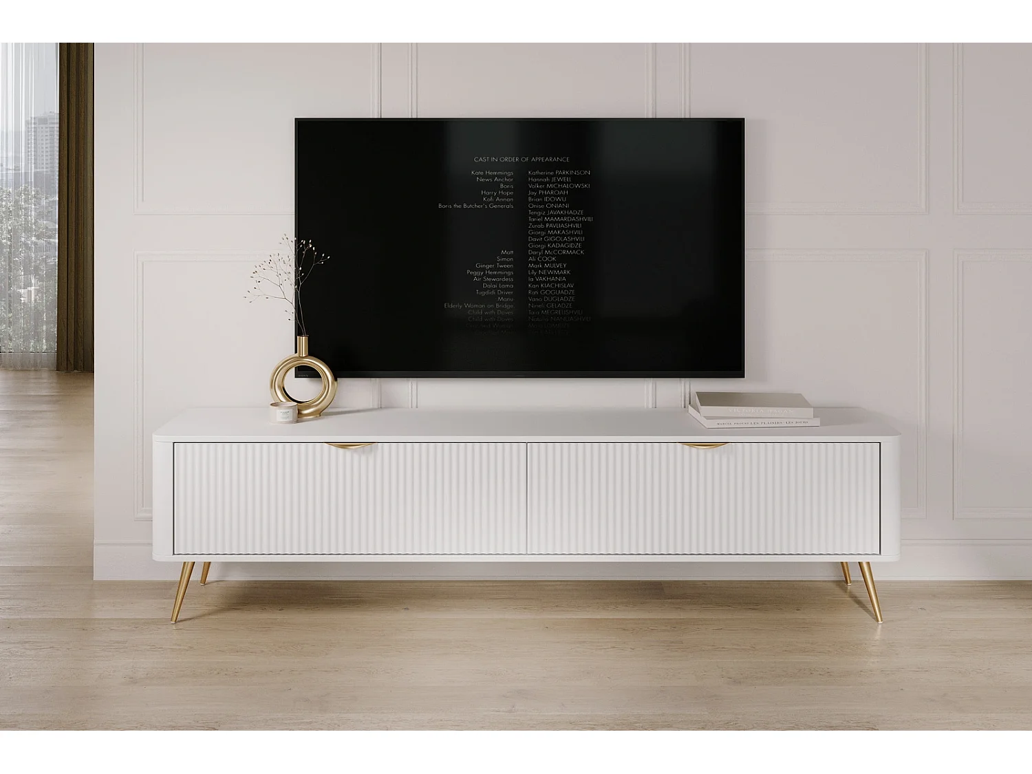 TV-meubel 200 cm met Geroffelde Fronten en Gouden Poten - Wit en Goud