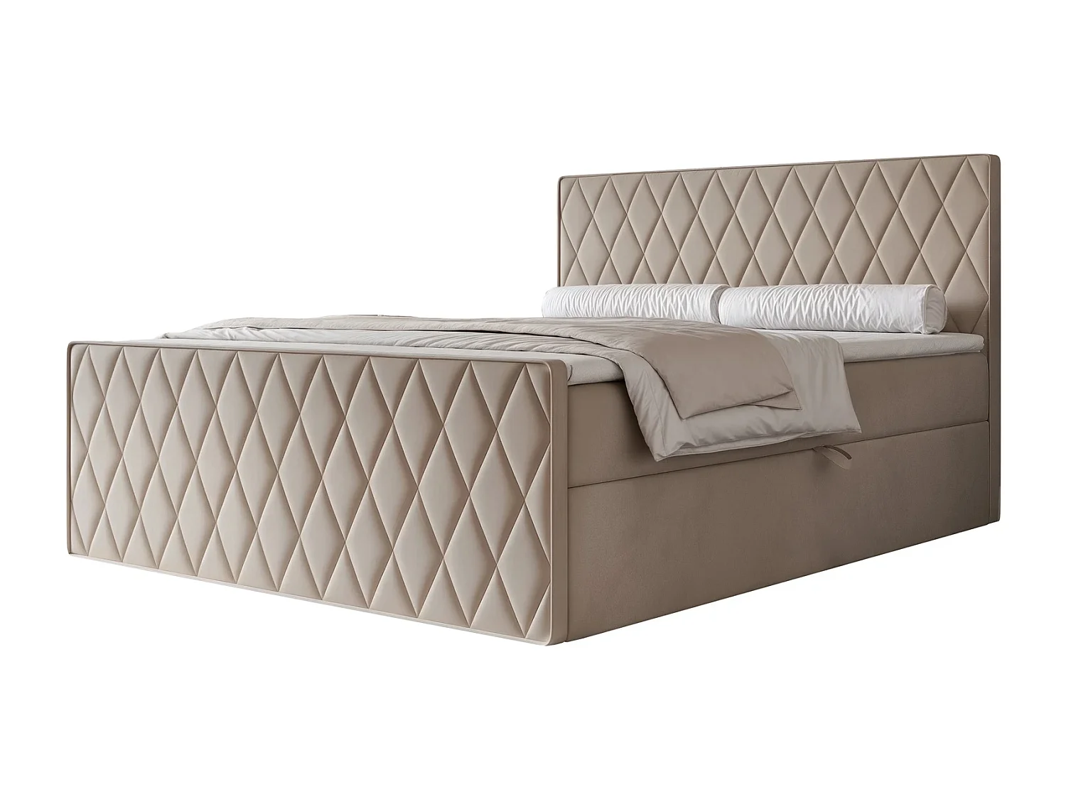 Lit Boxspring PONTI III 180x200 cm avec Coffre, Matelas et Matelassage Losanges - Beige Chaud (Velours)