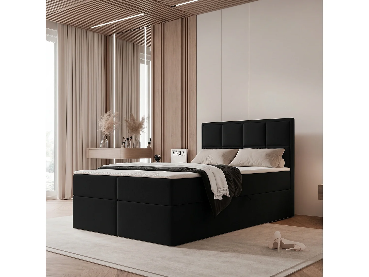 Lit Boxspring TIOLI 120x200 cm avec Coffre, Matelas et Tête de Lit à Panneaux Verticaux - Noir (Magic Velvet)