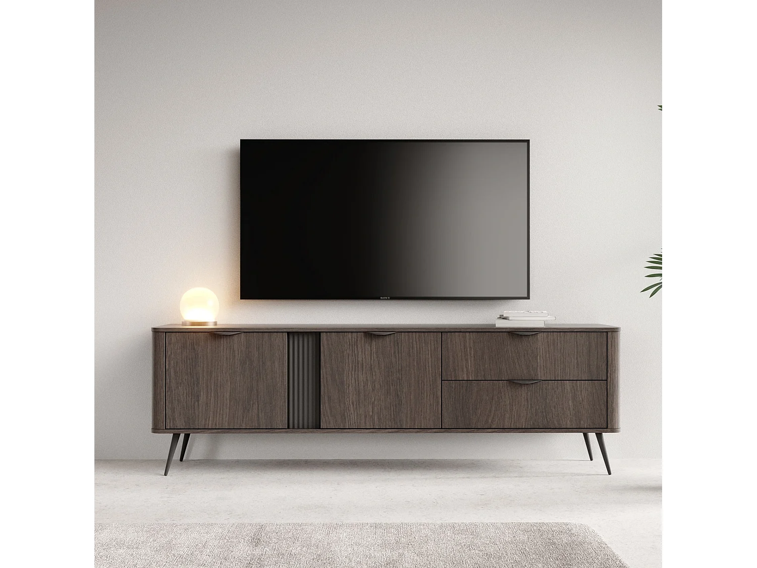 TV-Lowboard Terzo 2D 2S mit Schubladen und Rillendekor - Eiche Dunin und Schwarz